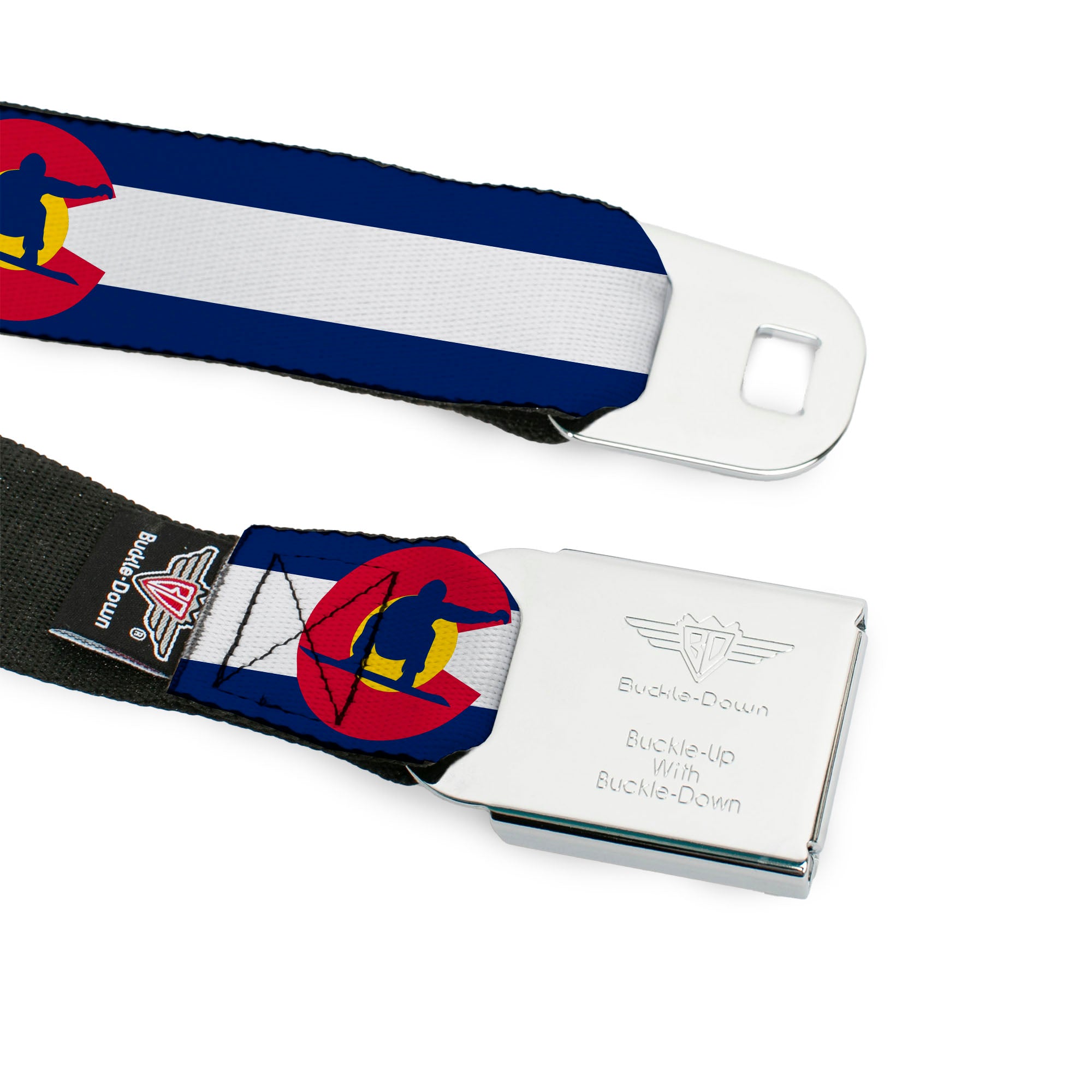 BD Wings Logo CLOSE-UP Full Color Black Silver Seatbelt Belt - Colorado Flag/Snowboarder Blue/White/Red/Yellow Webbing Seatbelt Belts Buckle-Down