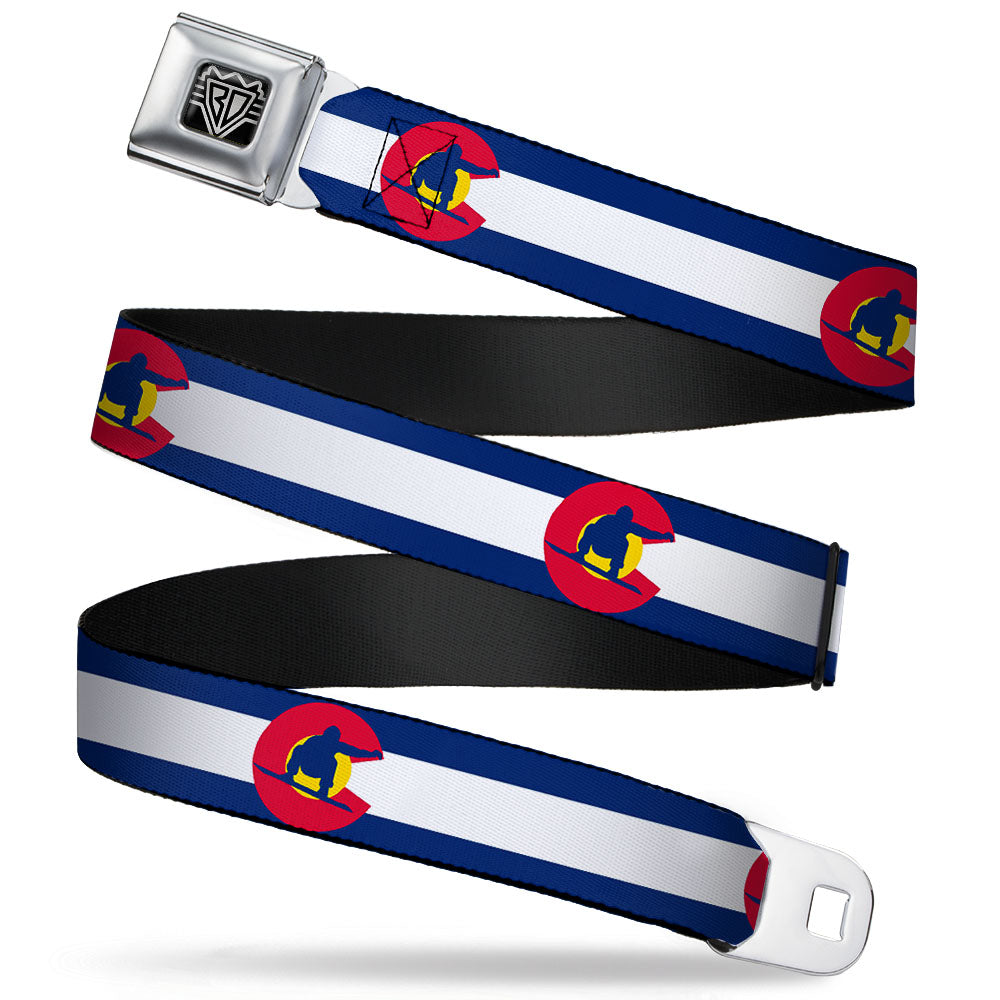BD Wings Logo CLOSE-UP Full Color Black Silver Seatbelt Belt - Colorado Flag/Snowboarder Blue/White/Red/Yellow Webbing Seatbelt Belts Buckle-Down