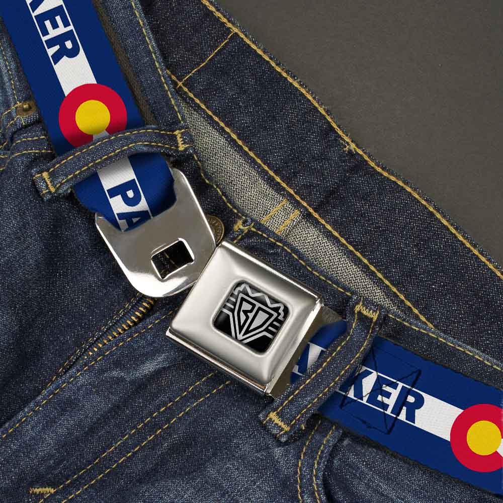 BD Wings Logo CLOSE-UP Full Color Black Silver Seatbelt Belt - Colorado PARKER Flag Blue/White/Red/Yellow Webbing Seatbelt Belts Buckle-Down