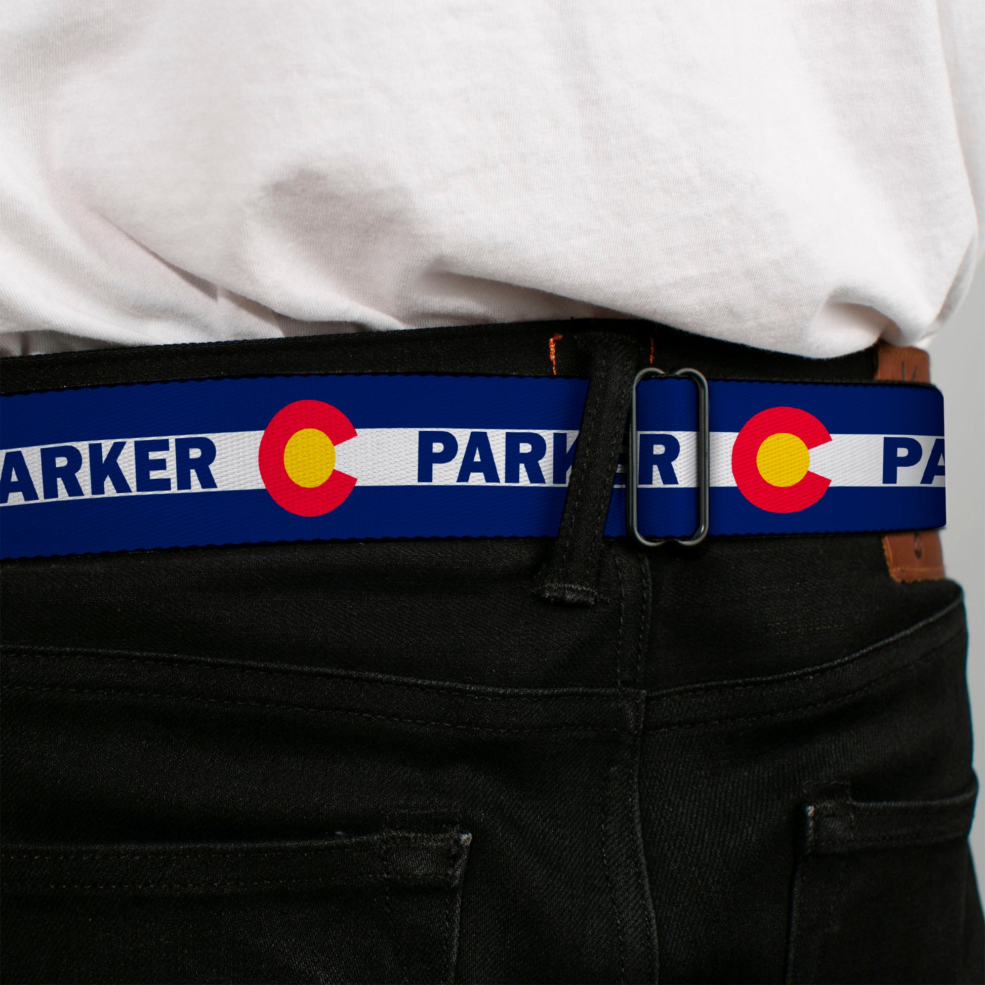 BD Wings Logo CLOSE-UP Full Color Black Silver Seatbelt Belt - Colorado PARKER Flag Blue/White/Red/Yellow Webbing Seatbelt Belts Buckle-Down