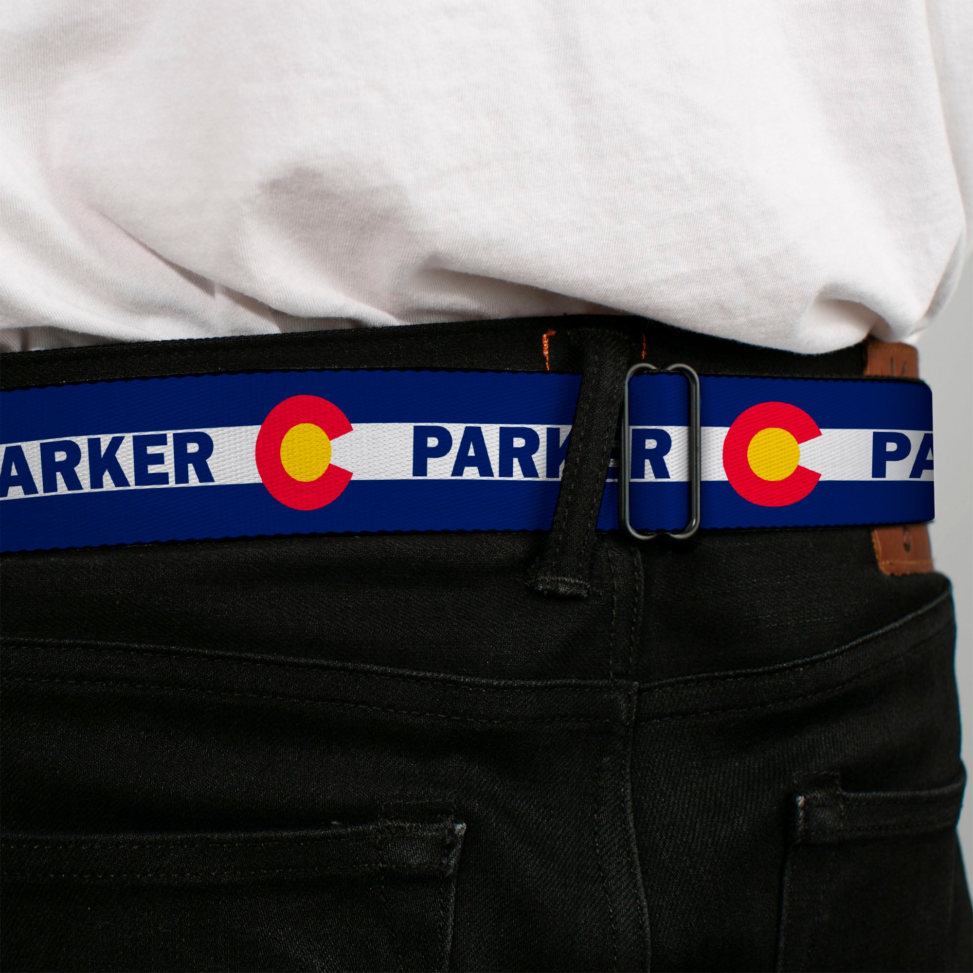 BD Wings Logo CLOSE-UP Full Color Black Silver Seatbelt Belt - Colorado PARKER Flag Blue/White/Red/Yellow Webbing Seatbelt Belts Buckle-Down