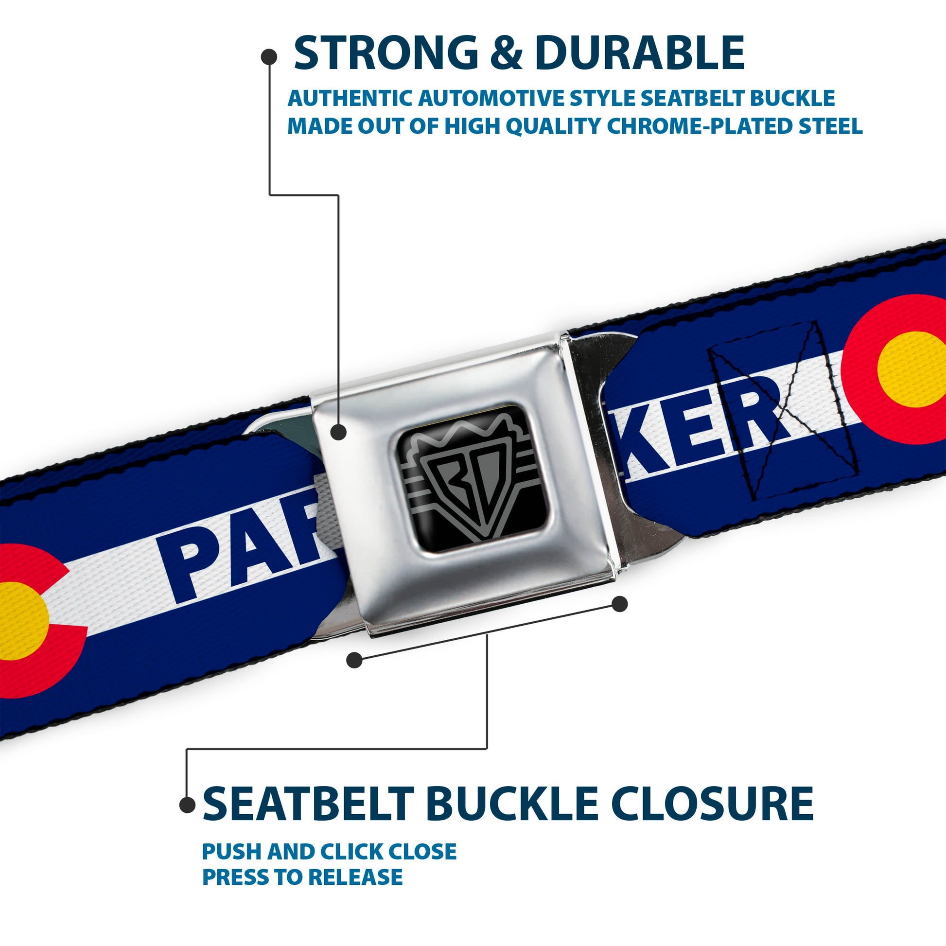 BD Wings Logo CLOSE-UP Full Color Black Silver Seatbelt Belt - Colorado PARKER Flag Blue/White/Red/Yellow Webbing Seatbelt Belts Buckle-Down