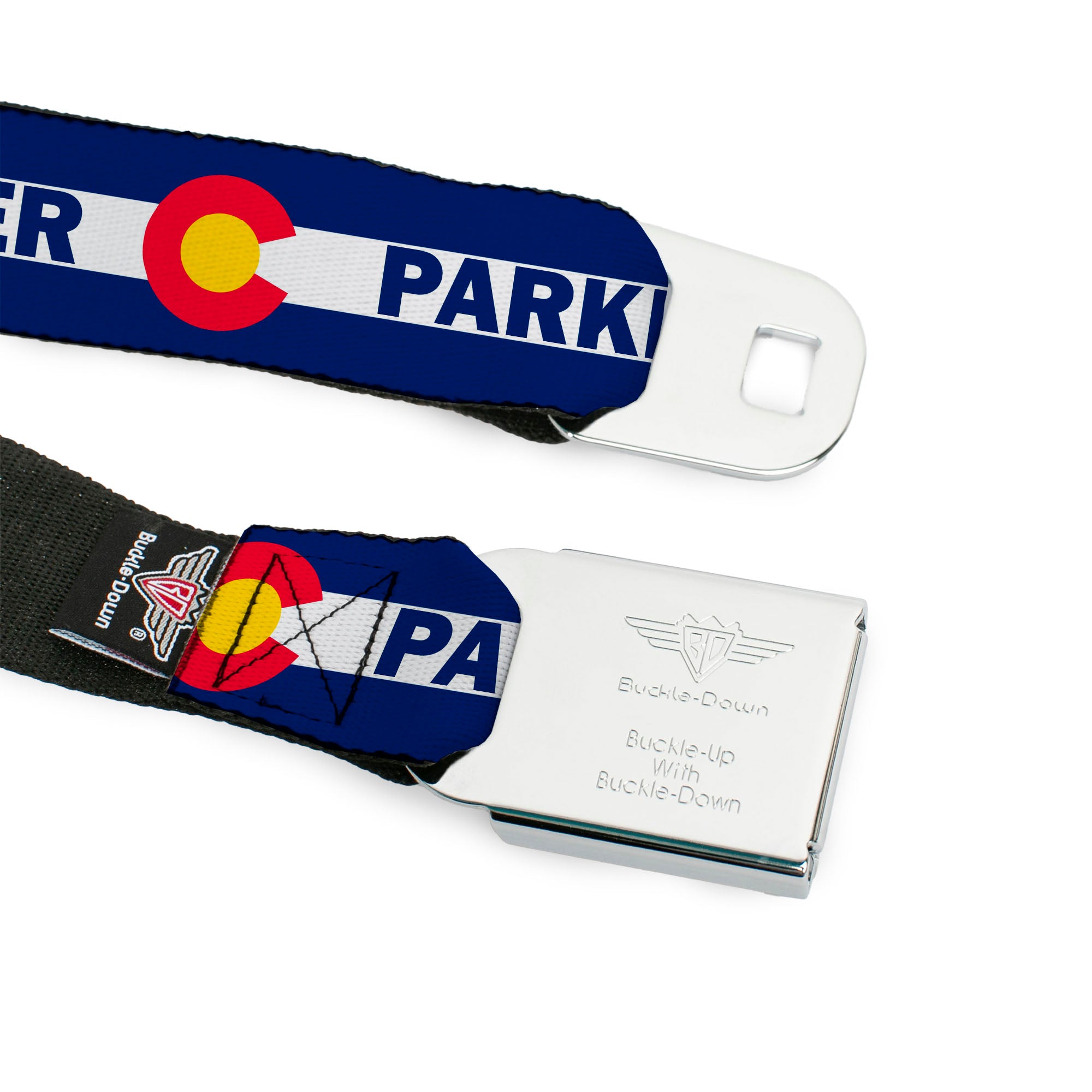 BD Wings Logo CLOSE-UP Full Color Black Silver Seatbelt Belt - Colorado PARKER Flag Blue/White/Red/Yellow Webbing Seatbelt Belts Buckle-Down