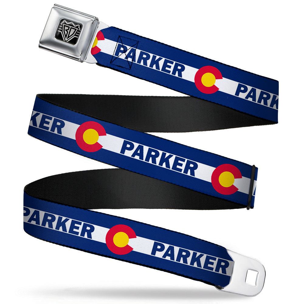 BD Wings Logo CLOSE-UP Full Color Black Silver Seatbelt Belt - Colorado PARKER Flag Blue/White/Red/Yellow Webbing Seatbelt Belts Buckle-Down