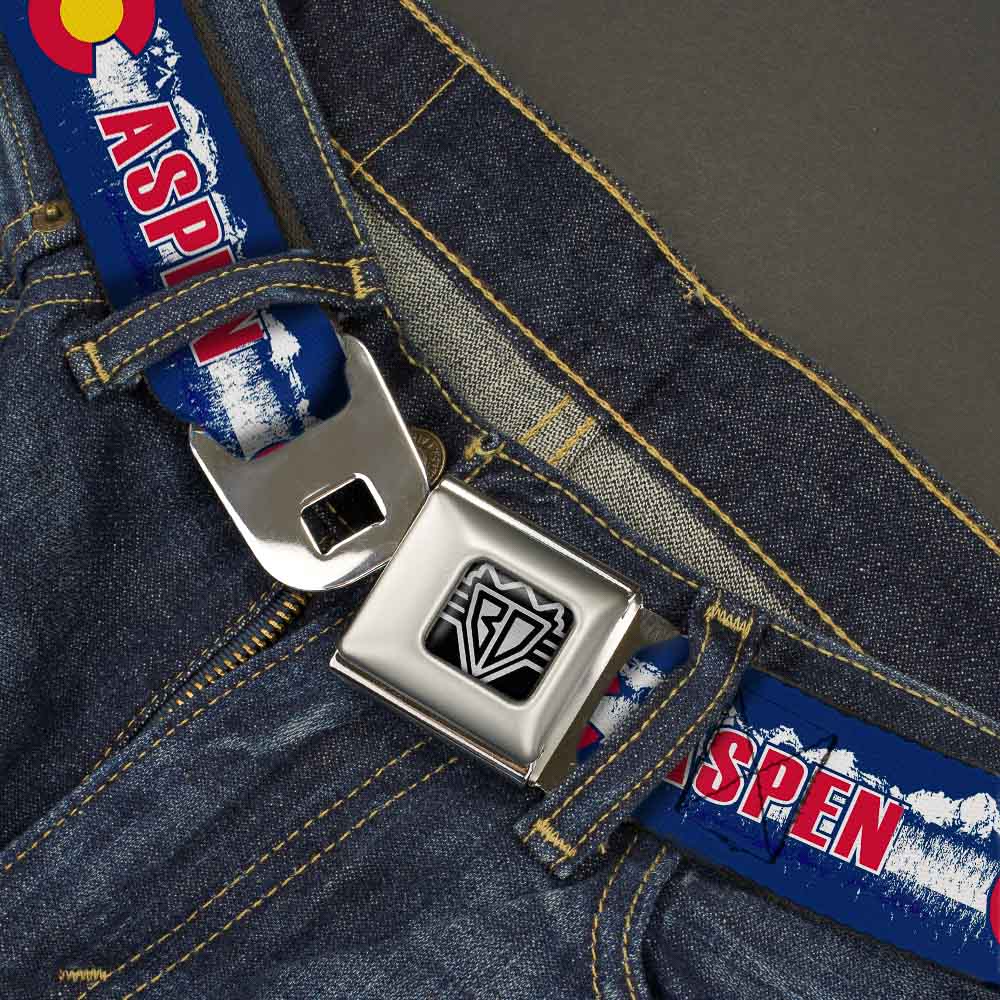 BD Wings Logo CLOSE-UP Full Color Black Silver Seatbelt Belt - Colorado ASPEN Flag/Snowy Mountains Weathered Blue/White/Red/Yellows Webbing Seatbelt Belts Buckle-Down