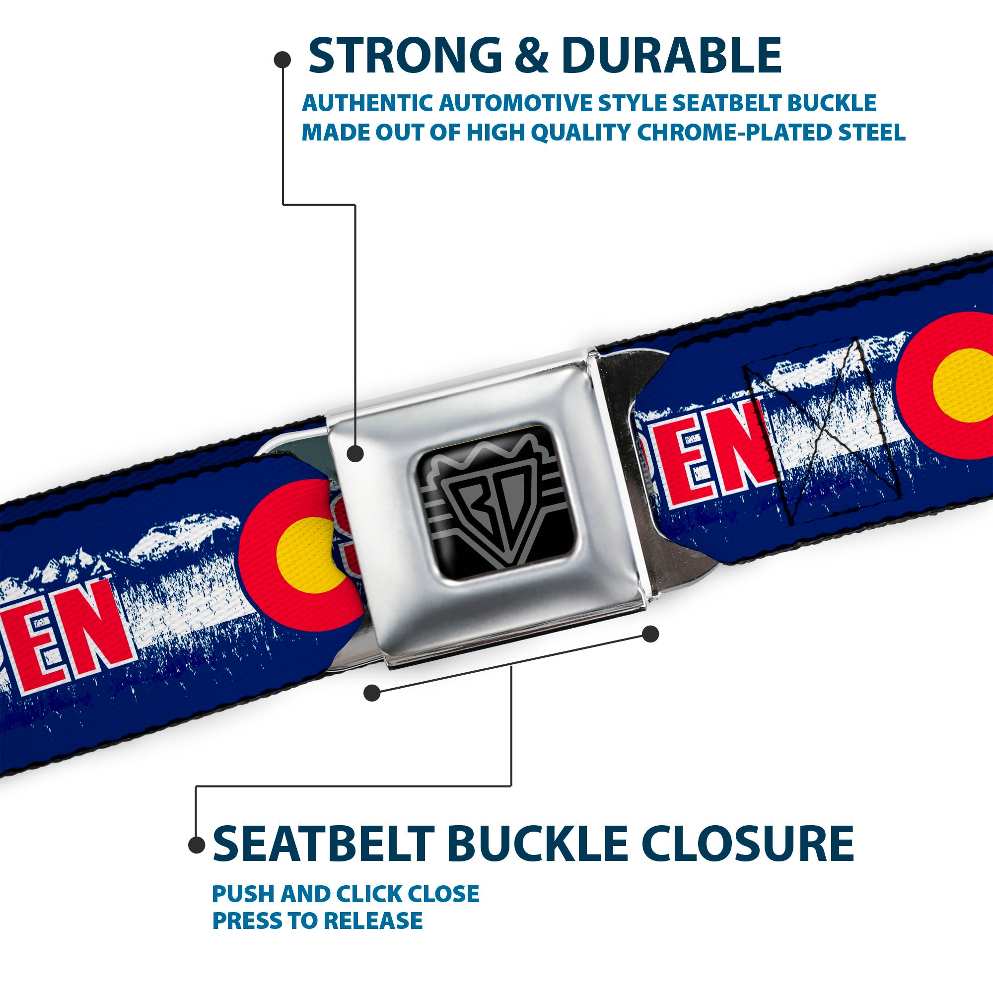 BD Wings Logo CLOSE-UP Full Color Black Silver Seatbelt Belt - Colorado ASPEN Flag/Snowy Mountains Weathered Blue/White/Red/Yellows Webbing Seatbelt Belts Buckle-Down