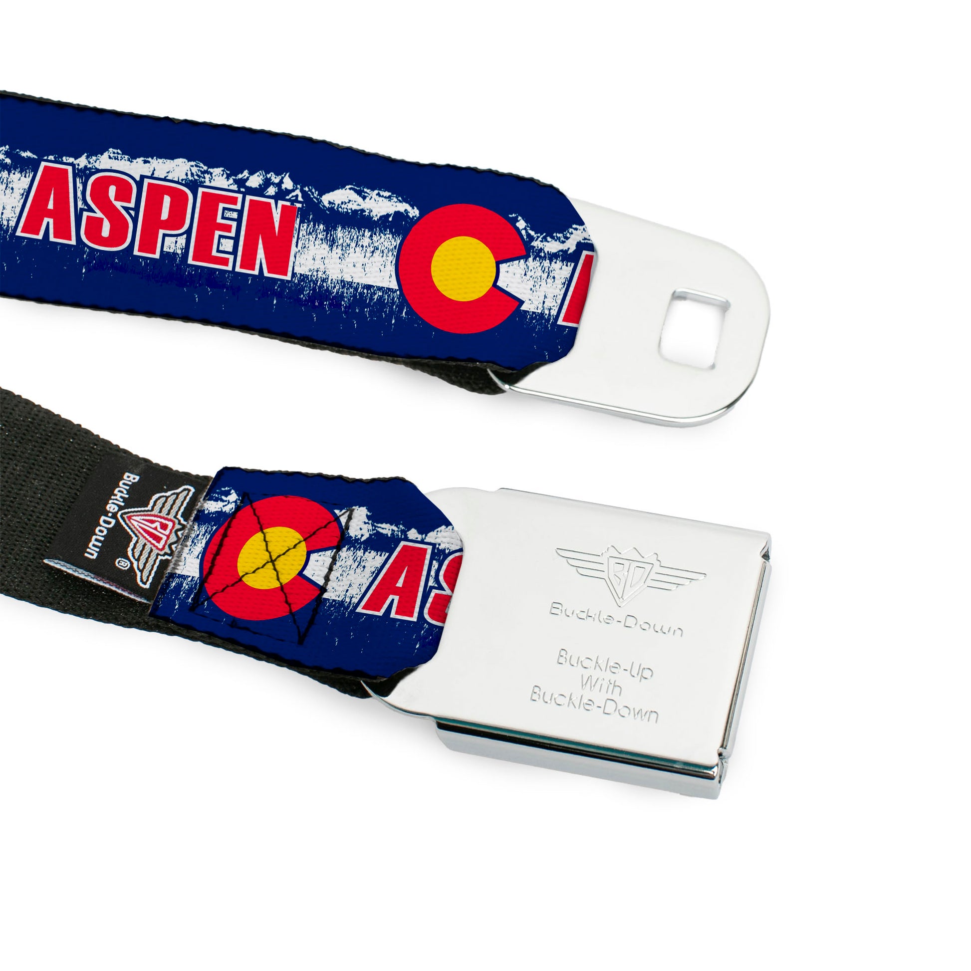 BD Wings Logo CLOSE-UP Full Color Black Silver Seatbelt Belt - Colorado ASPEN Flag/Snowy Mountains Weathered Blue/White/Red/Yellows Webbing Seatbelt Belts Buckle-Down