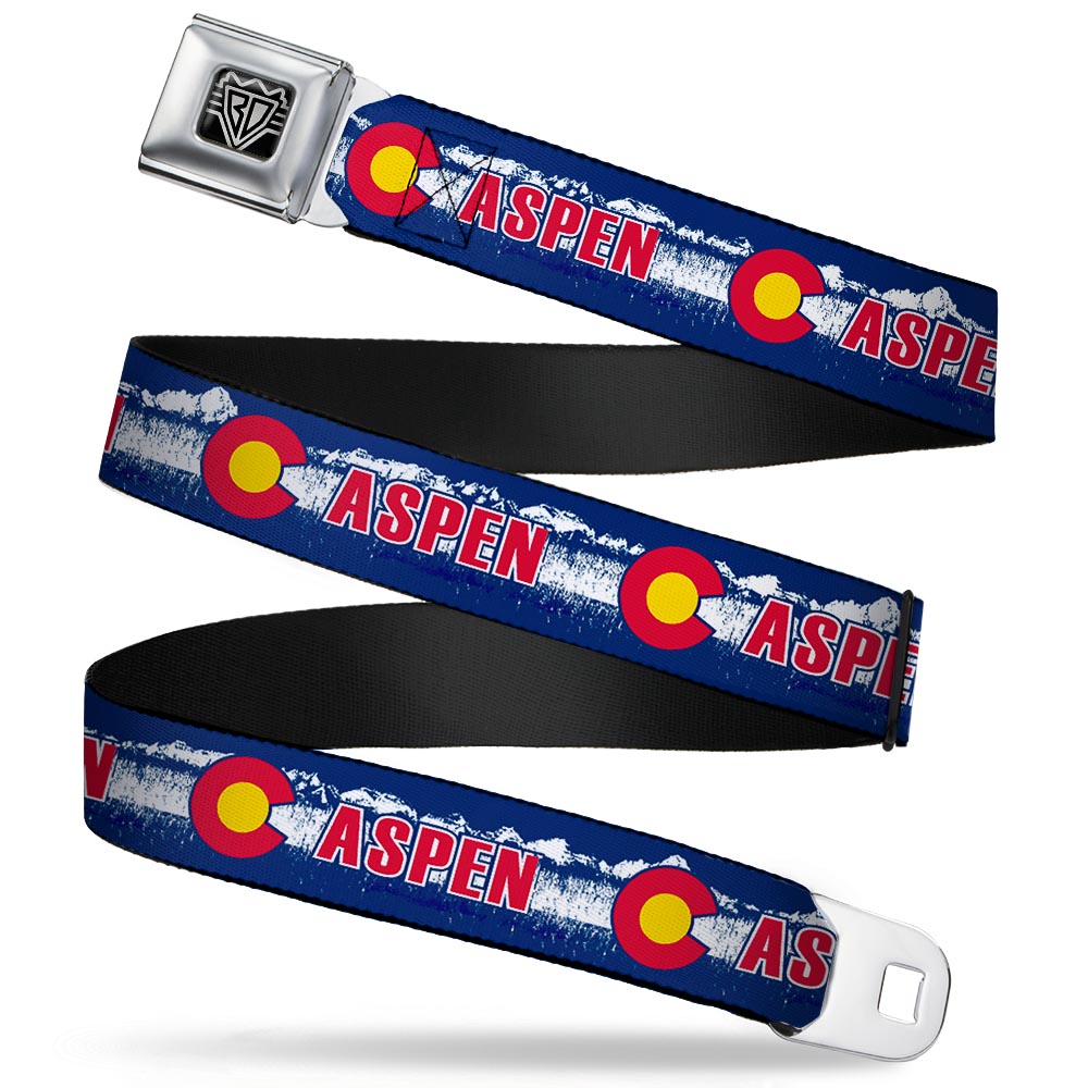 BD Wings Logo CLOSE-UP Full Color Black Silver Seatbelt Belt - Colorado ASPEN Flag/Snowy Mountains Weathered Blue/White/Red/Yellows Webbing Seatbelt Belts Buckle-Down