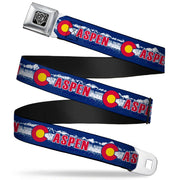 BD Wings Logo CLOSE-UP Full Color Black Silver Seatbelt Belt - Colorado ASPEN Flag/Snowy Mountains Weathered Blue/White/Red/Yellows Webbing Seatbelt Belts Buckle-Down