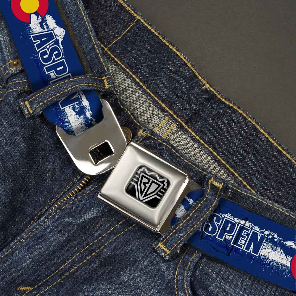BD Wings Logo CLOSE-UP Full Color Black Silver Seatbelt Belt - Colorado ASPEN Flag/Snowy Mountains Weathered2 Blue/White/Red/Yellows Webbing Seatbelt Belts Buckle-Down