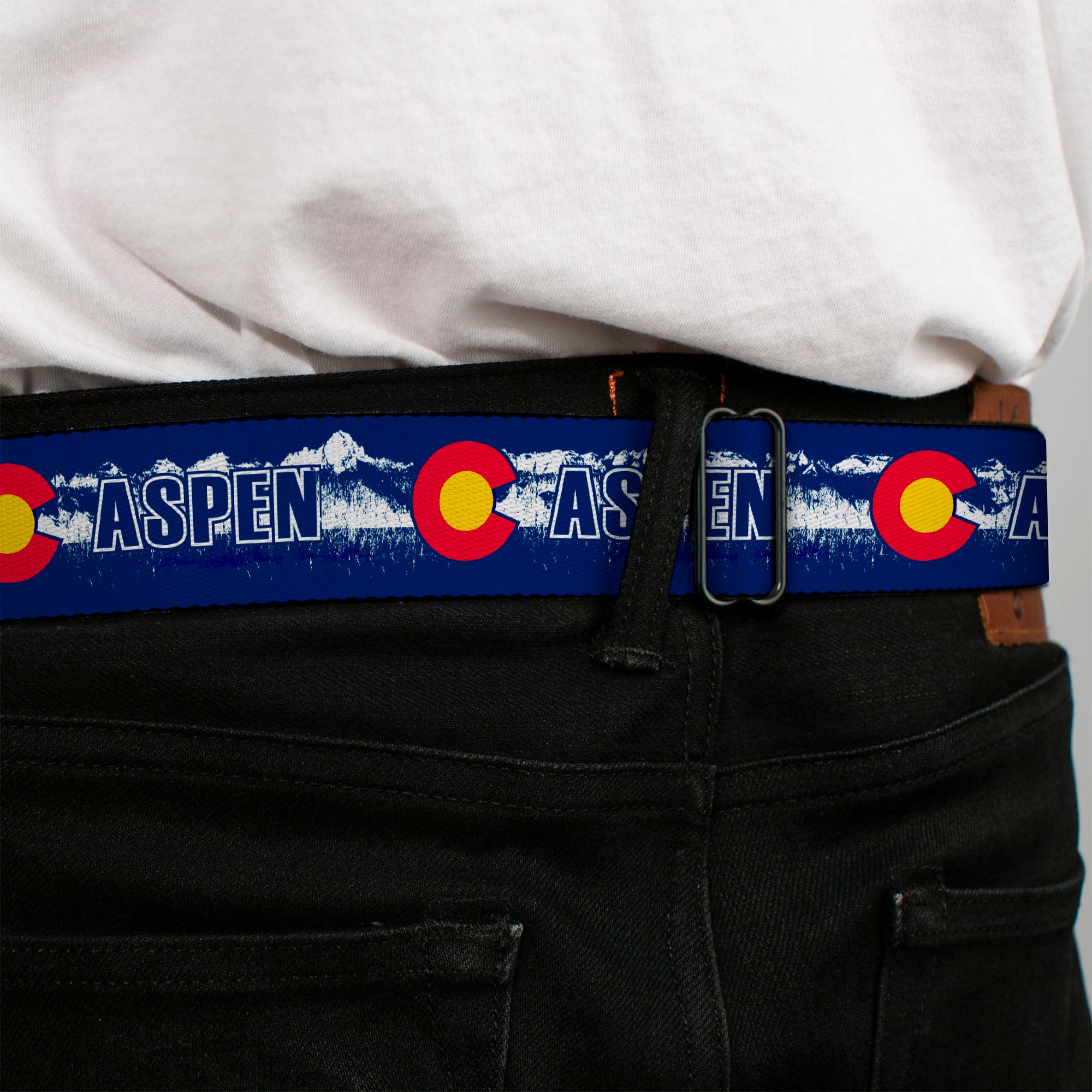 BD Wings Logo CLOSE-UP Full Color Black Silver Seatbelt Belt - Colorado ASPEN Flag/Snowy Mountains Weathered2 Blue/White/Red/Yellows Webbing Seatbelt Belts Buckle-Down