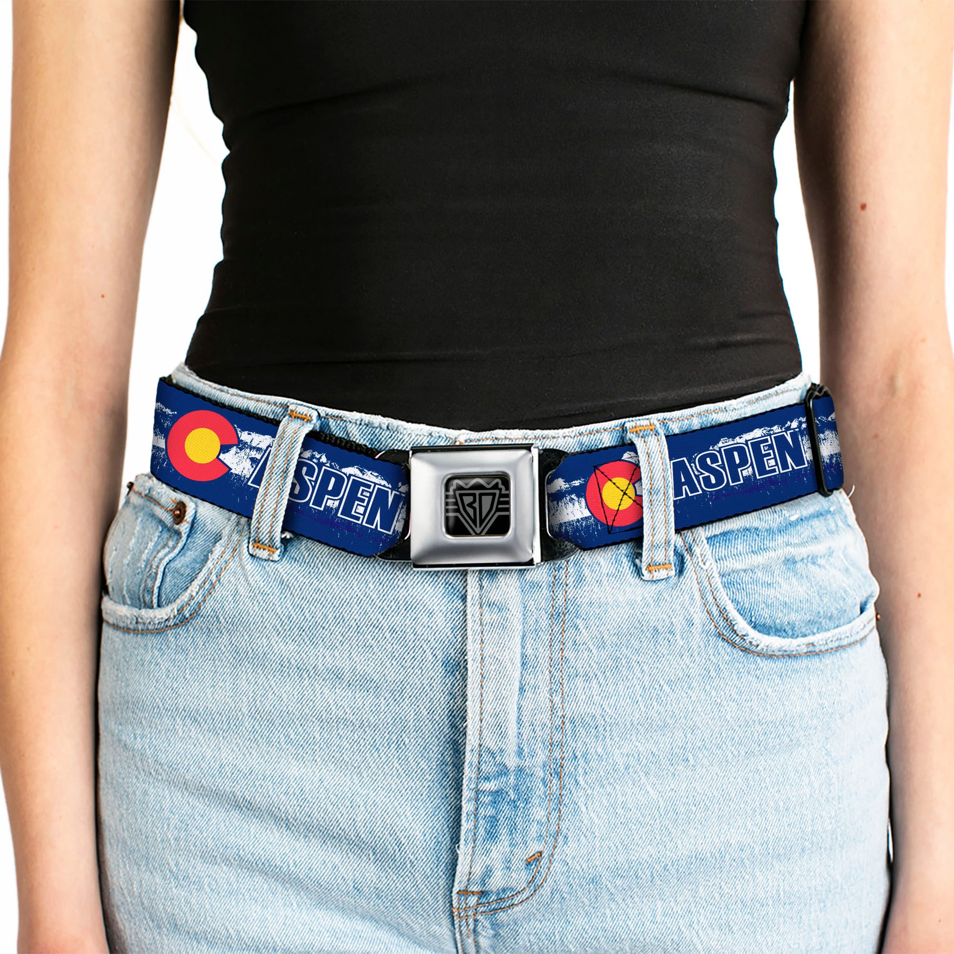 BD Wings Logo CLOSE-UP Full Color Black Silver Seatbelt Belt - Colorado ASPEN Flag/Snowy Mountains Weathered2 Blue/White/Red/Yellows Webbing Seatbelt Belts Buckle-Down