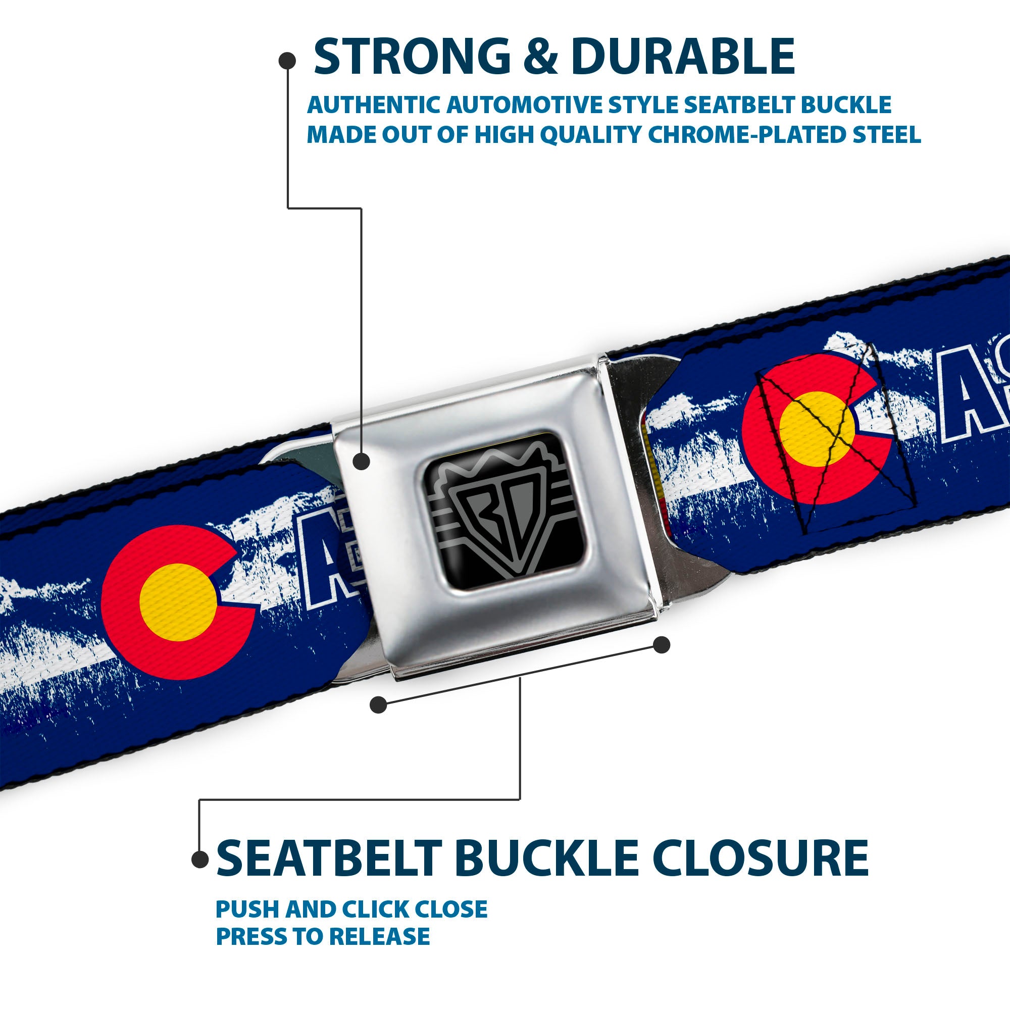 BD Wings Logo CLOSE-UP Full Color Black Silver Seatbelt Belt - Colorado ASPEN Flag/Snowy Mountains Weathered2 Blue/White/Red/Yellows Webbing Seatbelt Belts Buckle-Down