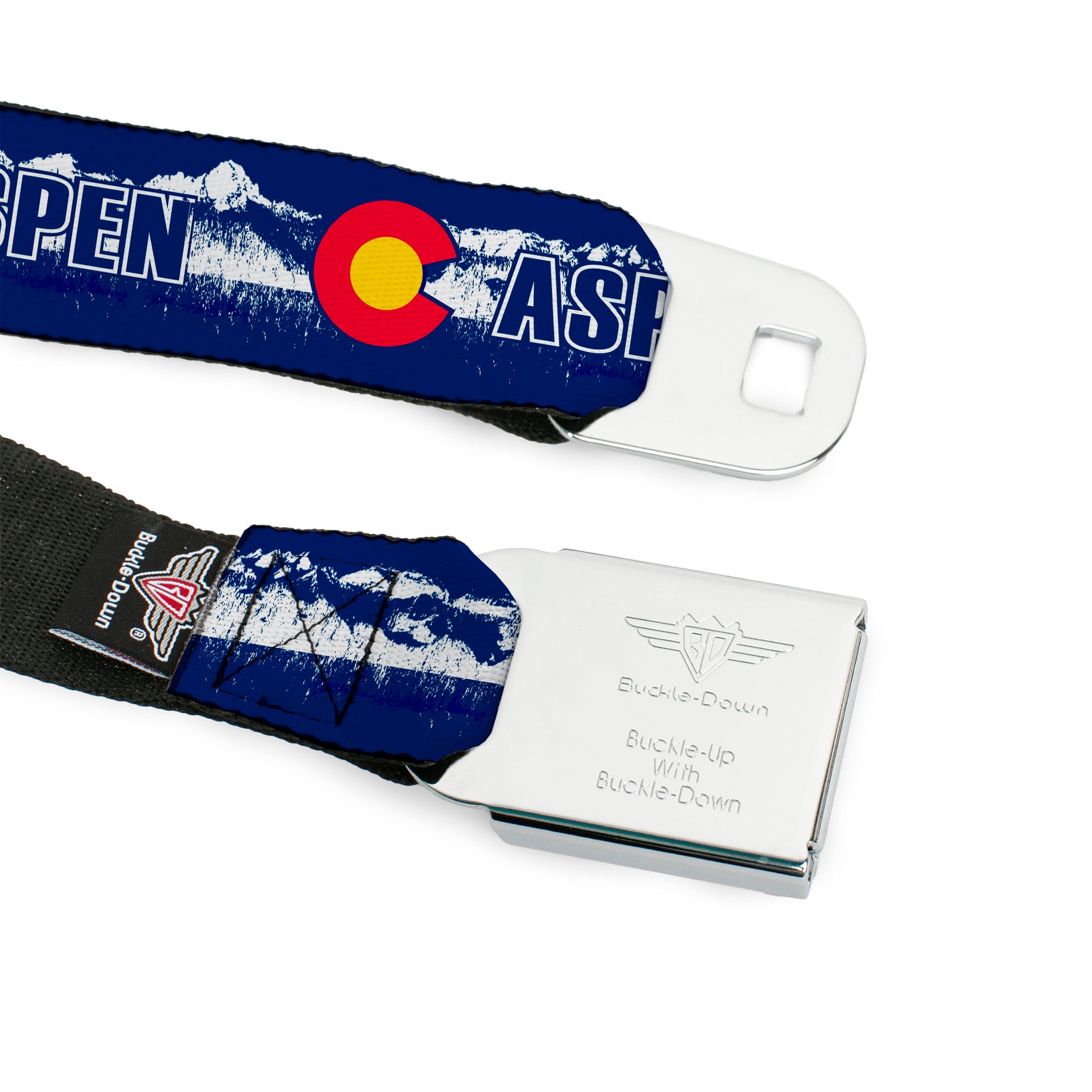 BD Wings Logo CLOSE-UP Full Color Black Silver Seatbelt Belt - Colorado ASPEN Flag/Snowy Mountains Weathered2 Blue/White/Red/Yellows Webbing Seatbelt Belts Buckle-Down