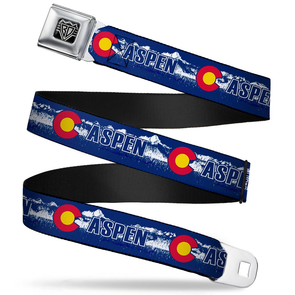 BD Wings Logo CLOSE-UP Full Color Black Silver Seatbelt Belt - Colorado ASPEN Flag/Snowy Mountains Weathered2 Blue/White/Red/Yellows Webbing Seatbelt Belts Buckle-Down