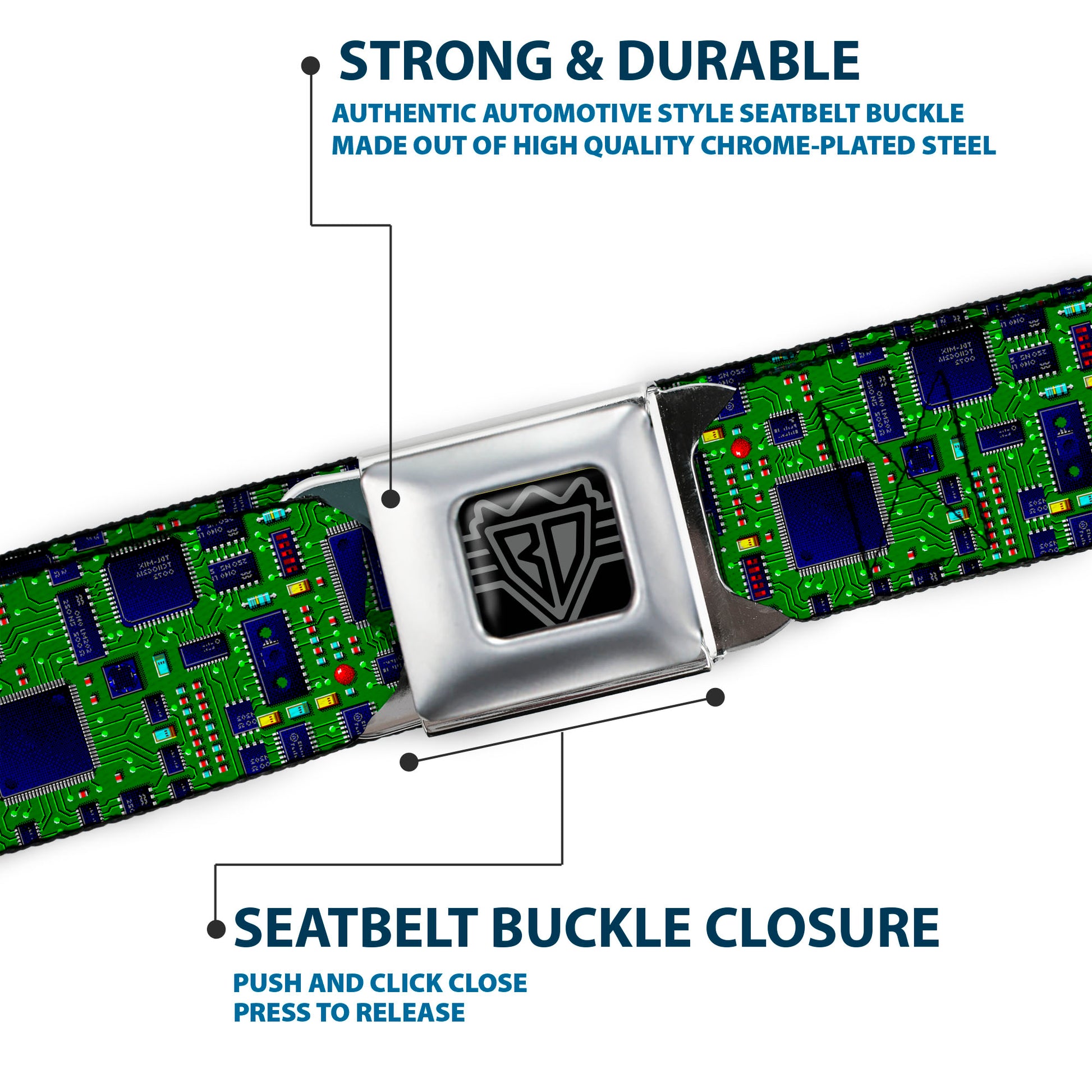 BD Wings Logo CLOSE-UP Full Color Black Silver Seatbelt Belt - Circuit Board2 Webbing Seatbelt Belts Buckle-Down