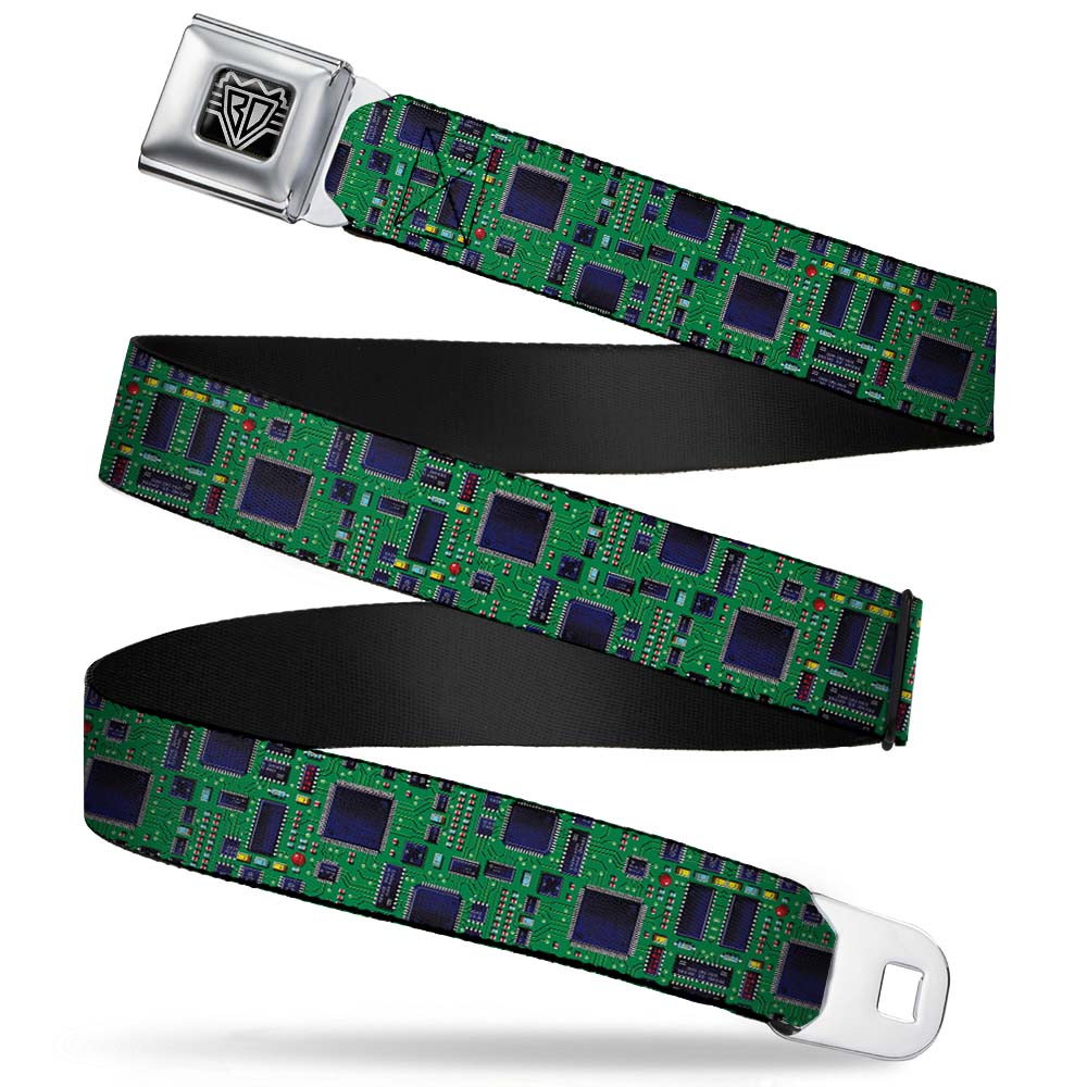 BD Wings Logo CLOSE-UP Full Color Black Silver Seatbelt Belt - Circuit Board2 Webbing Seatbelt Belts Buckle-Down