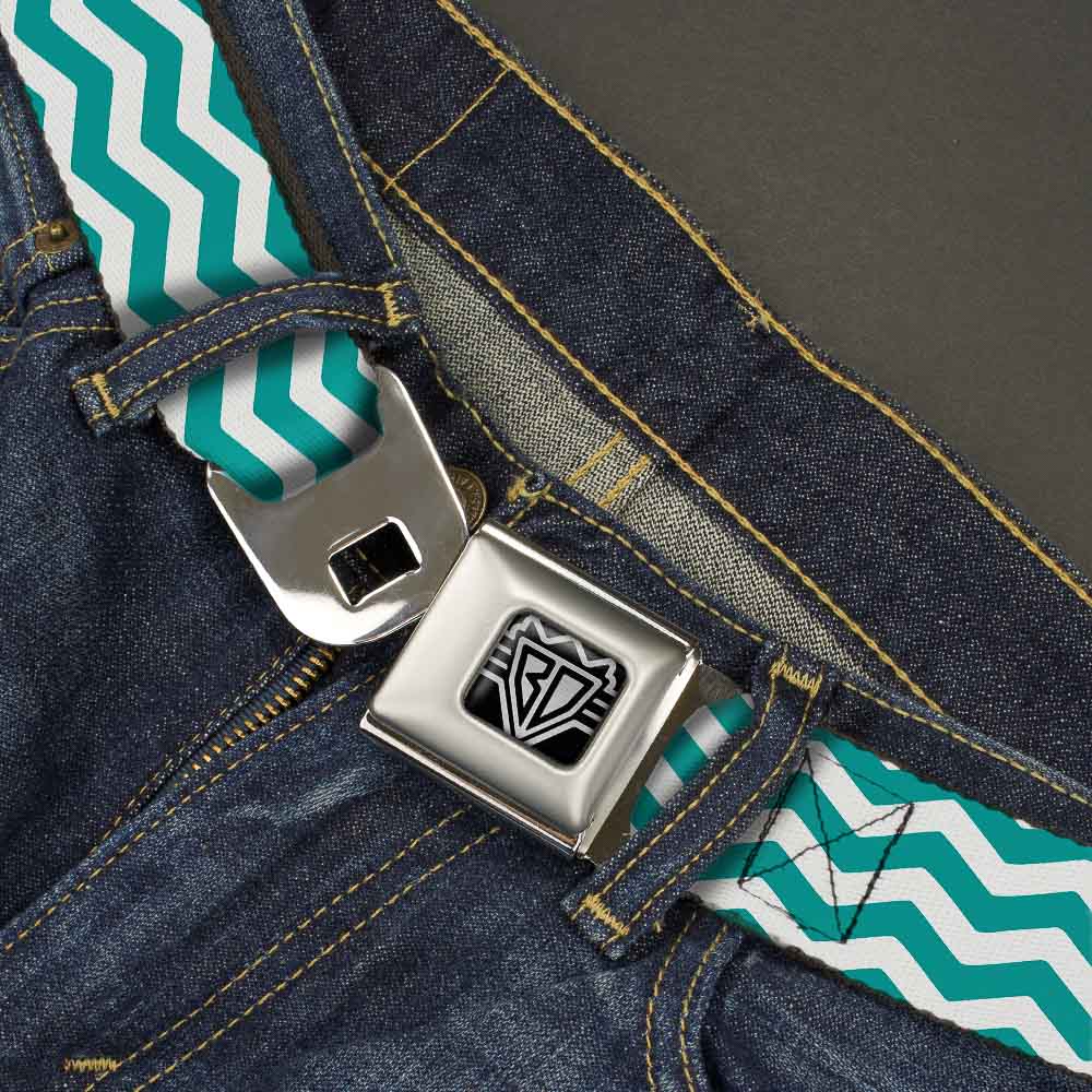 BD Wings Logo CLOSE-UP Full Color Black Silver Seatbelt Belt - Chevron Stripe White/Teal Webbing Seatbelt Belts Buckle-Down