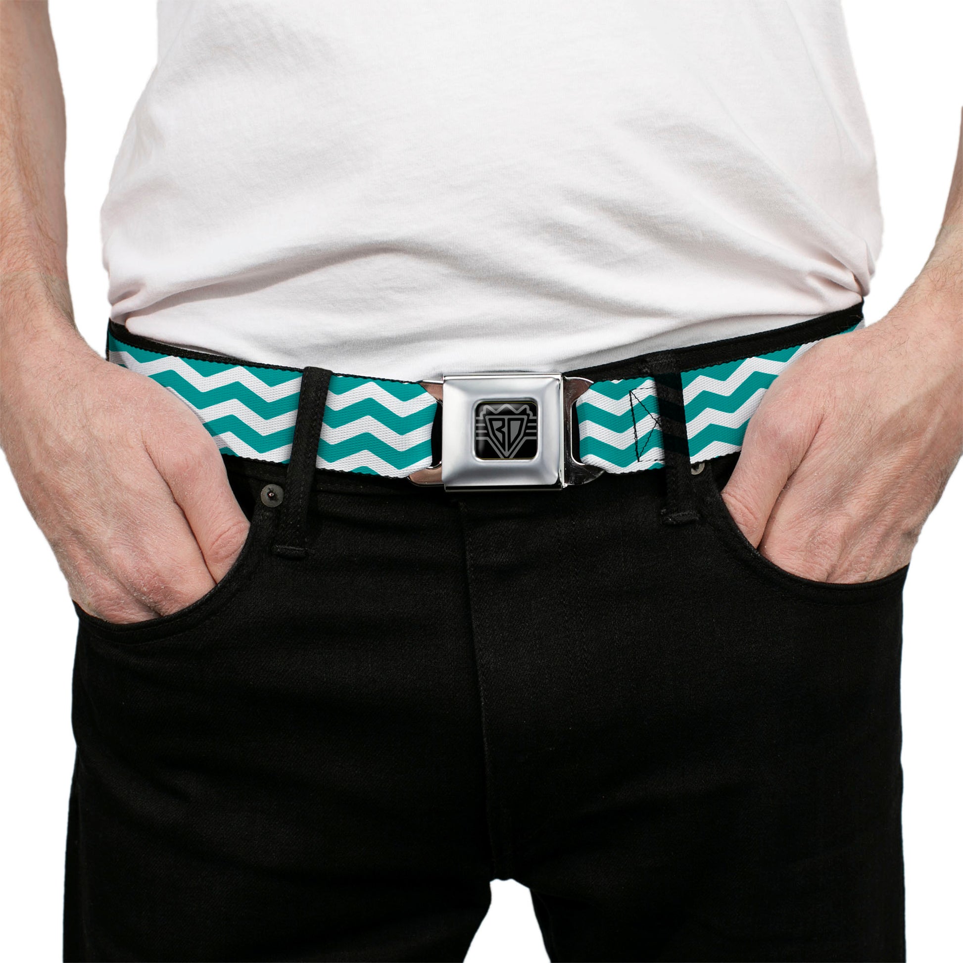 BD Wings Logo CLOSE-UP Full Color Black Silver Seatbelt Belt - Chevron Stripe White/Teal Webbing Seatbelt Belts Buckle-Down