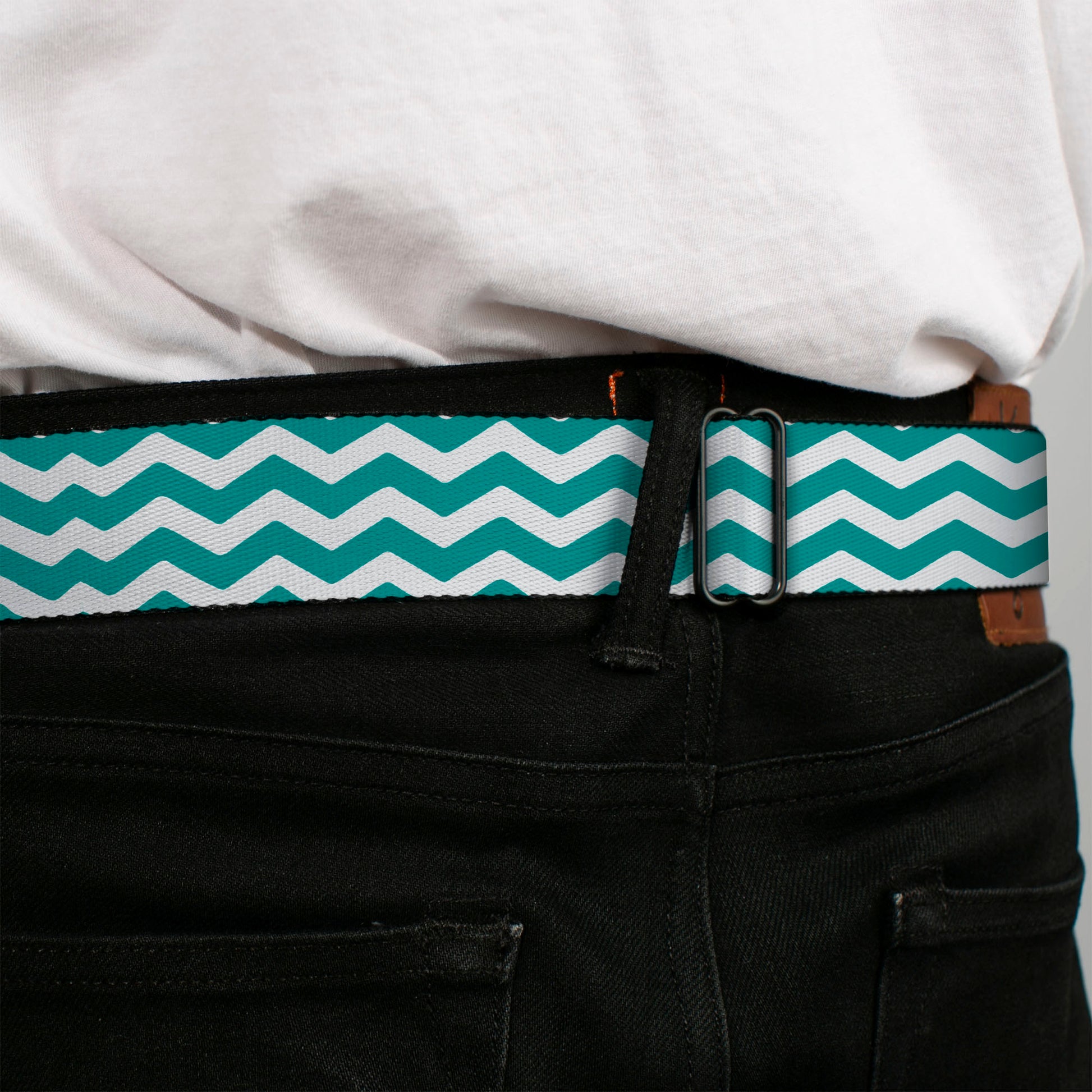 BD Wings Logo CLOSE-UP Full Color Black Silver Seatbelt Belt - Chevron Stripe White/Teal Webbing Seatbelt Belts Buckle-Down