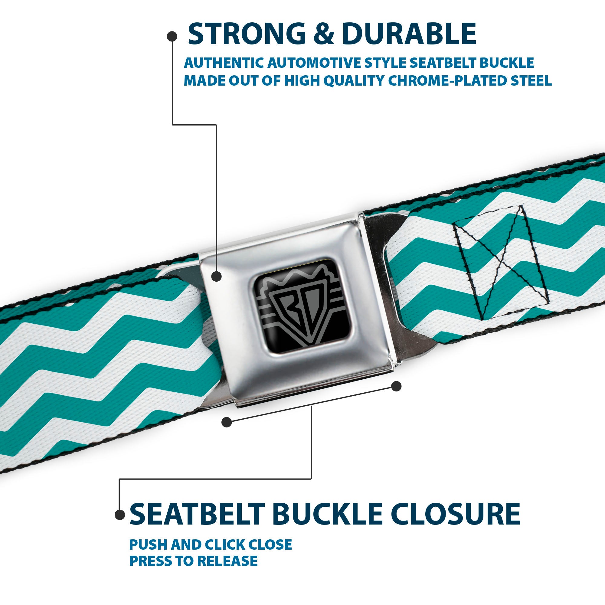 BD Wings Logo CLOSE-UP Full Color Black Silver Seatbelt Belt - Chevron Stripe White/Teal Webbing Seatbelt Belts Buckle-Down