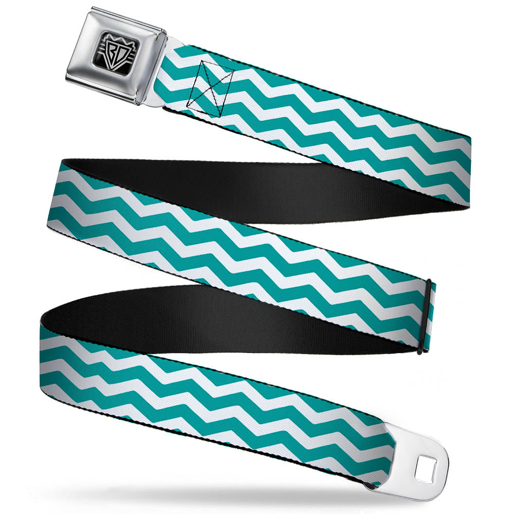 BD Wings Logo CLOSE-UP Full Color Black Silver Seatbelt Belt - Chevron Stripe White/Teal Webbing Seatbelt Belts Buckle-Down