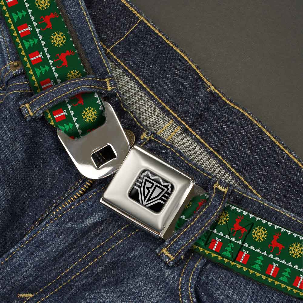 BD Wings Logo CLOSE-UP Full Color Black Silver Seatbelt Belt - Christmas Sweater Stitch Green/White/Gold/Red Webbing Seatbelt Belts Buckle-Down
