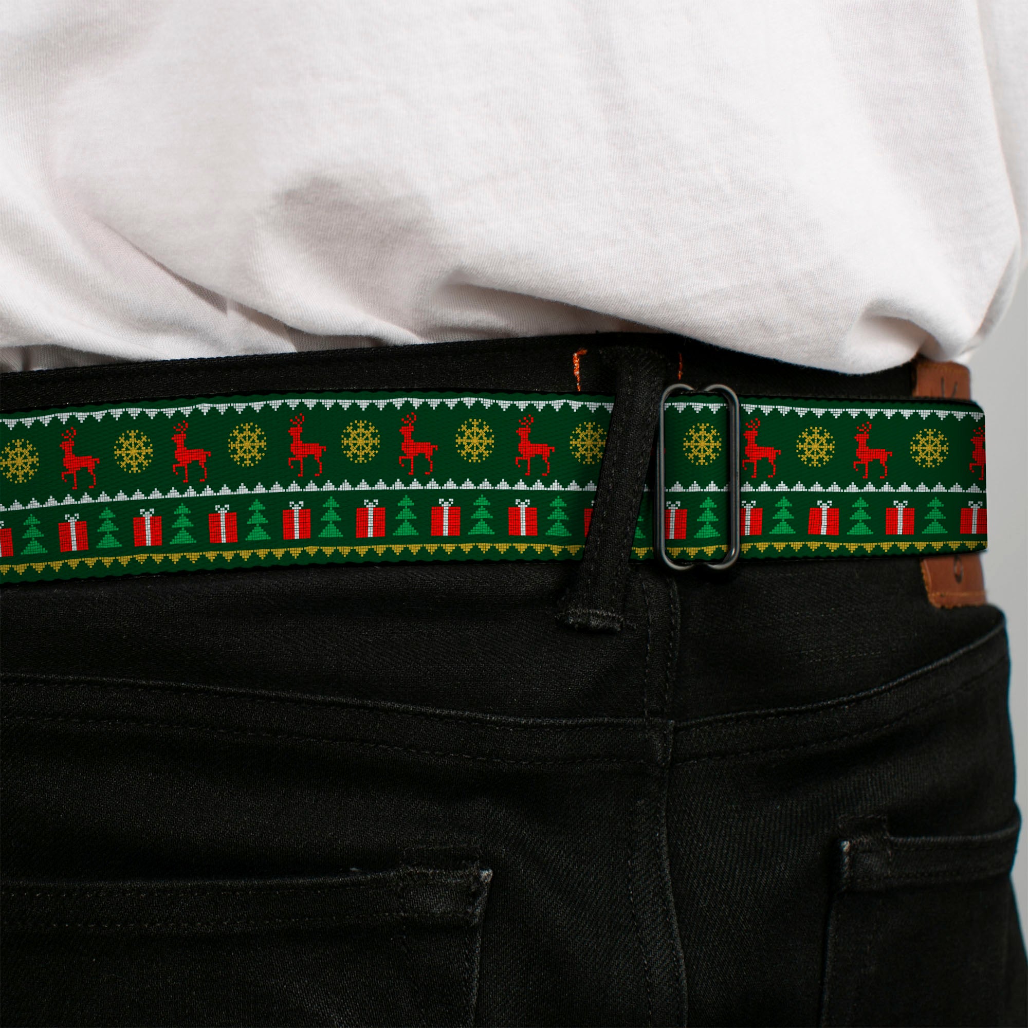 BD Wings Logo CLOSE-UP Full Color Black Silver Seatbelt Belt - Christmas Sweater Stitch Green/White/Gold/Red Webbing Seatbelt Belts Buckle-Down