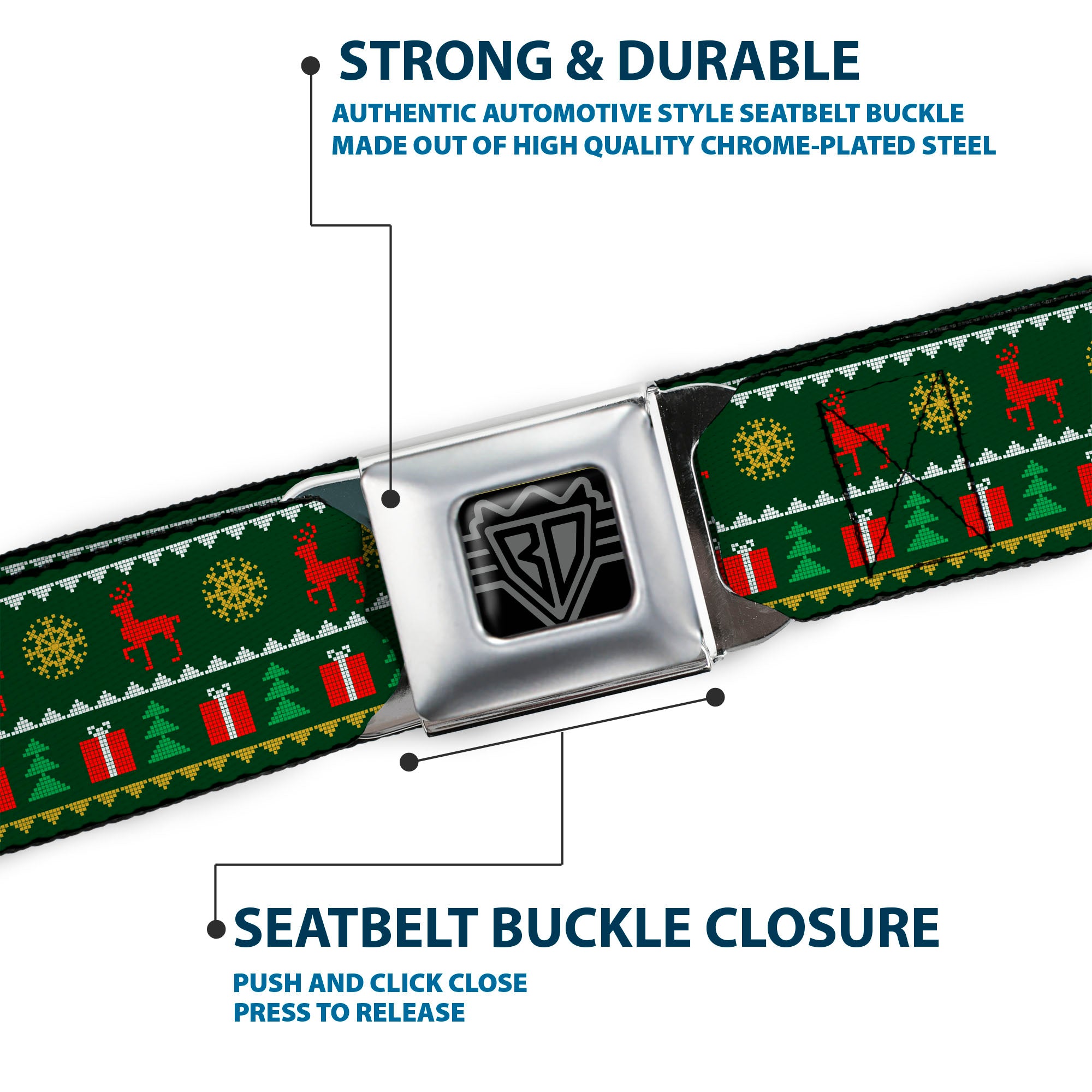 BD Wings Logo CLOSE-UP Full Color Black Silver Seatbelt Belt - Christmas Sweater Stitch Green/White/Gold/Red Webbing Seatbelt Belts Buckle-Down