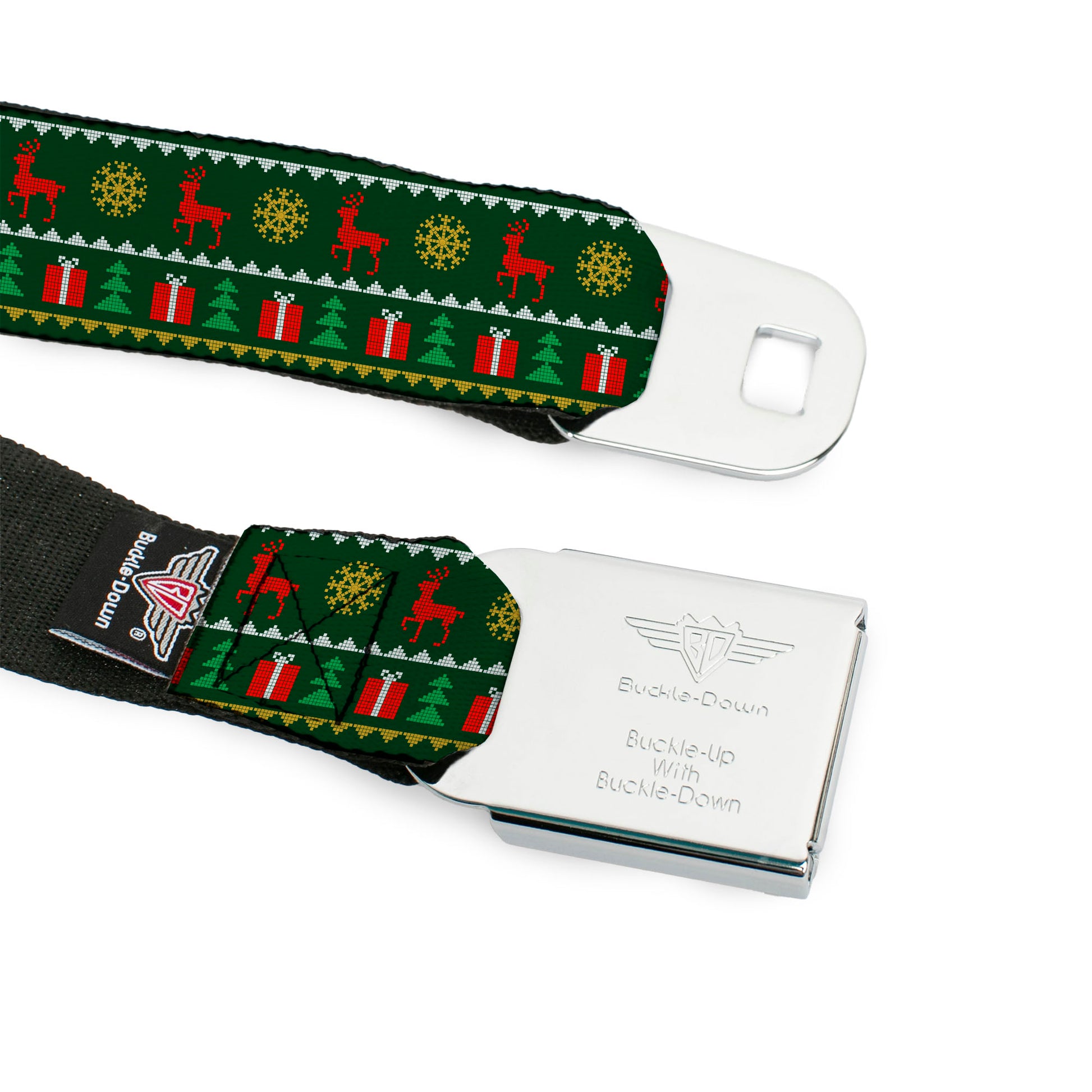 BD Wings Logo CLOSE-UP Full Color Black Silver Seatbelt Belt - Christmas Sweater Stitch Green/White/Gold/Red Webbing Seatbelt Belts Buckle-Down