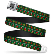 BD Wings Logo CLOSE-UP Full Color Black Silver Seatbelt Belt - Christmas Sweater Stitch Green/White/Gold/Red Webbing Seatbelt Belts Buckle-Down