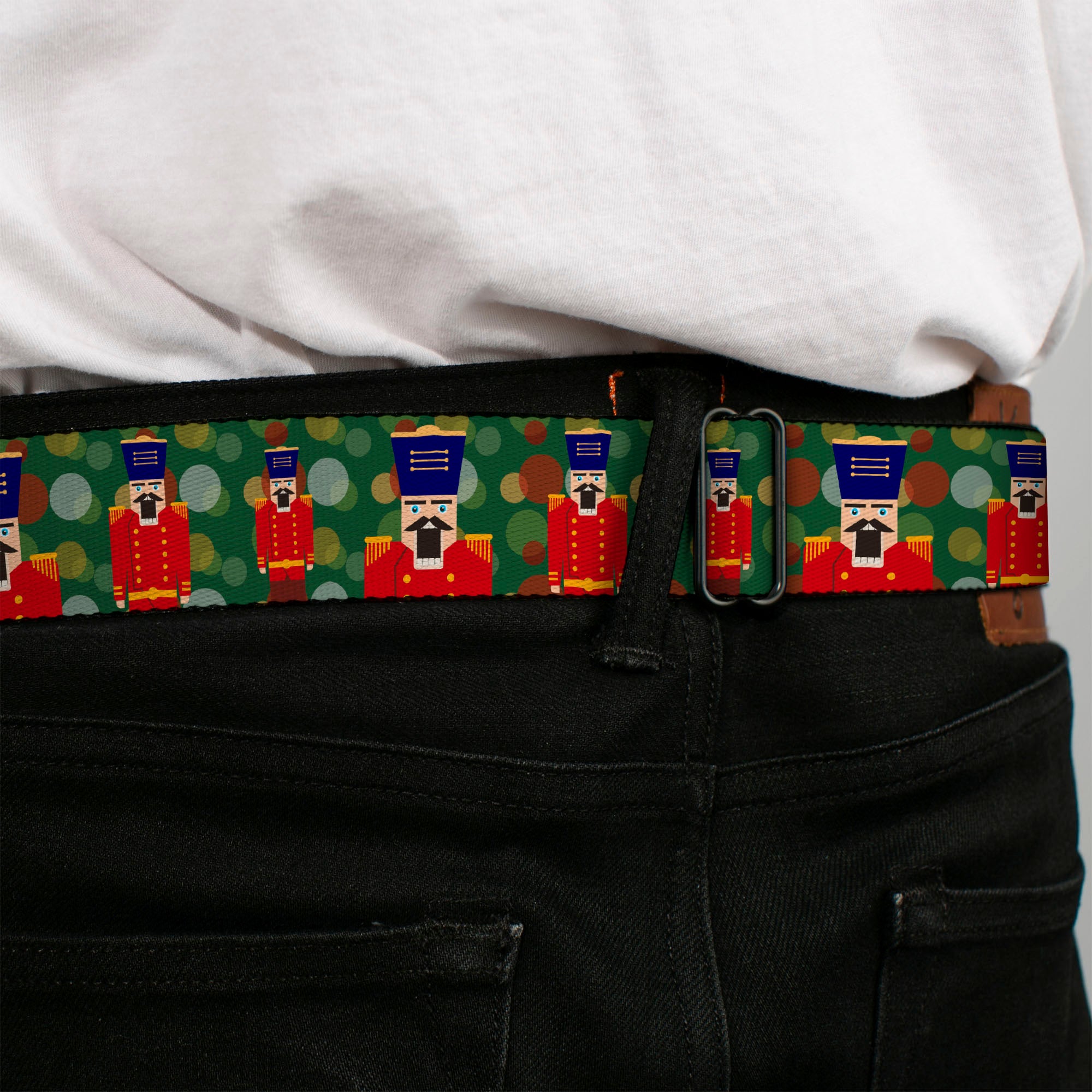 BD Wings Logo CLOSE-UP Full Color Black Silver Seatbelt Belt - Christmas Nutcracker/Polka Dots Greens/Gold/Red Webbing Seatbelt Belts Buckle-Down