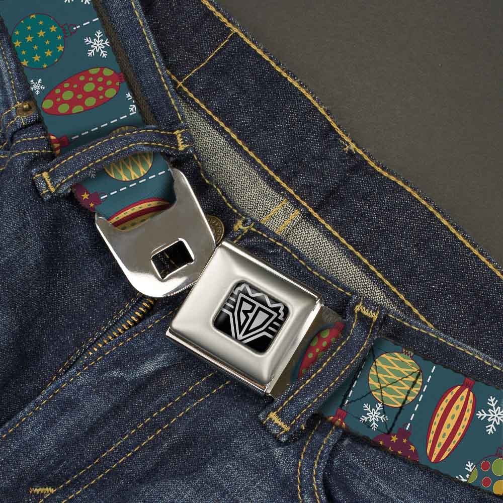 BD Wings Logo CLOSE-UP Full Color Black Silver Seatbelt Belt - Christmas Ornaments/Snowflakes Blue/White/Multi Color Webbing Seatbelt Belts Buckle-Down