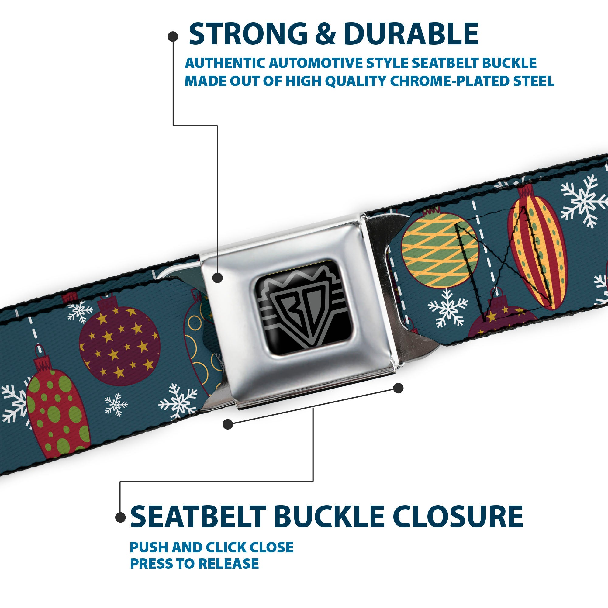 BD Wings Logo CLOSE-UP Full Color Black Silver Seatbelt Belt - Christmas Ornaments/Snowflakes Blue/White/Multi Color Webbing Seatbelt Belts Buckle-Down