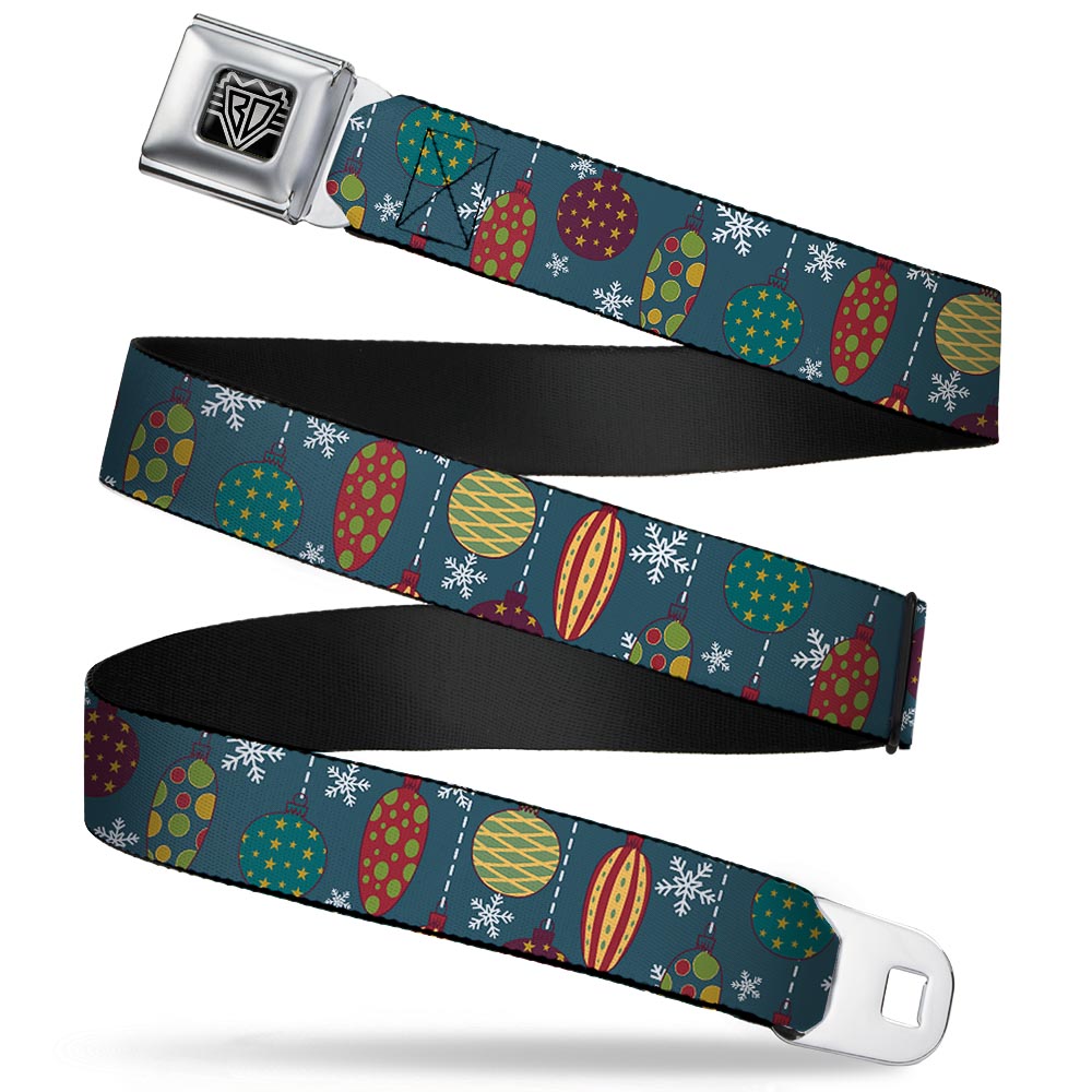 BD Wings Logo CLOSE-UP Full Color Black Silver Seatbelt Belt - Christmas Ornaments/Snowflakes Blue/White/Multi Color Webbing Seatbelt Belts Buckle-Down