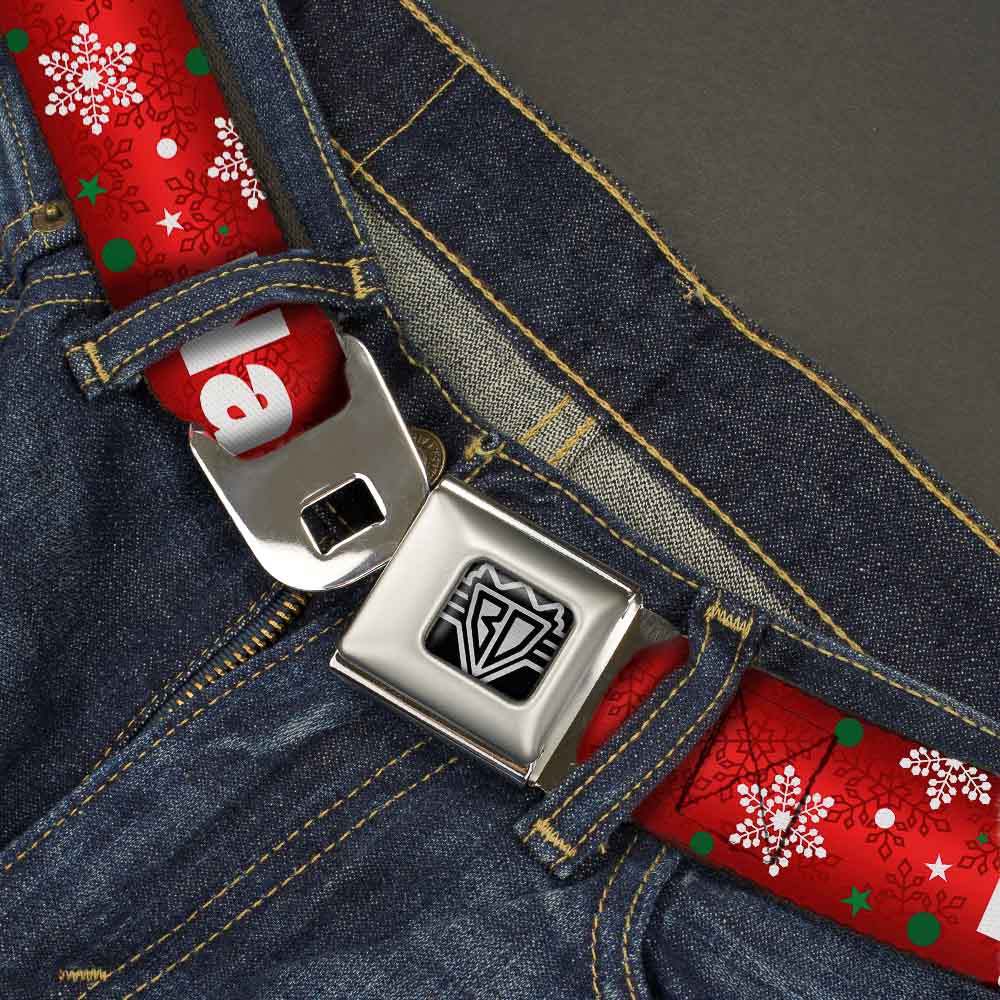 BD Wings Logo CLOSE-UP Full Color Black Silver Seatbelt Belt - Christmas NAUGHTY OR NICE/Snowflakes Reds/White/Green Webbing Seatbelt Belts Buckle-Down