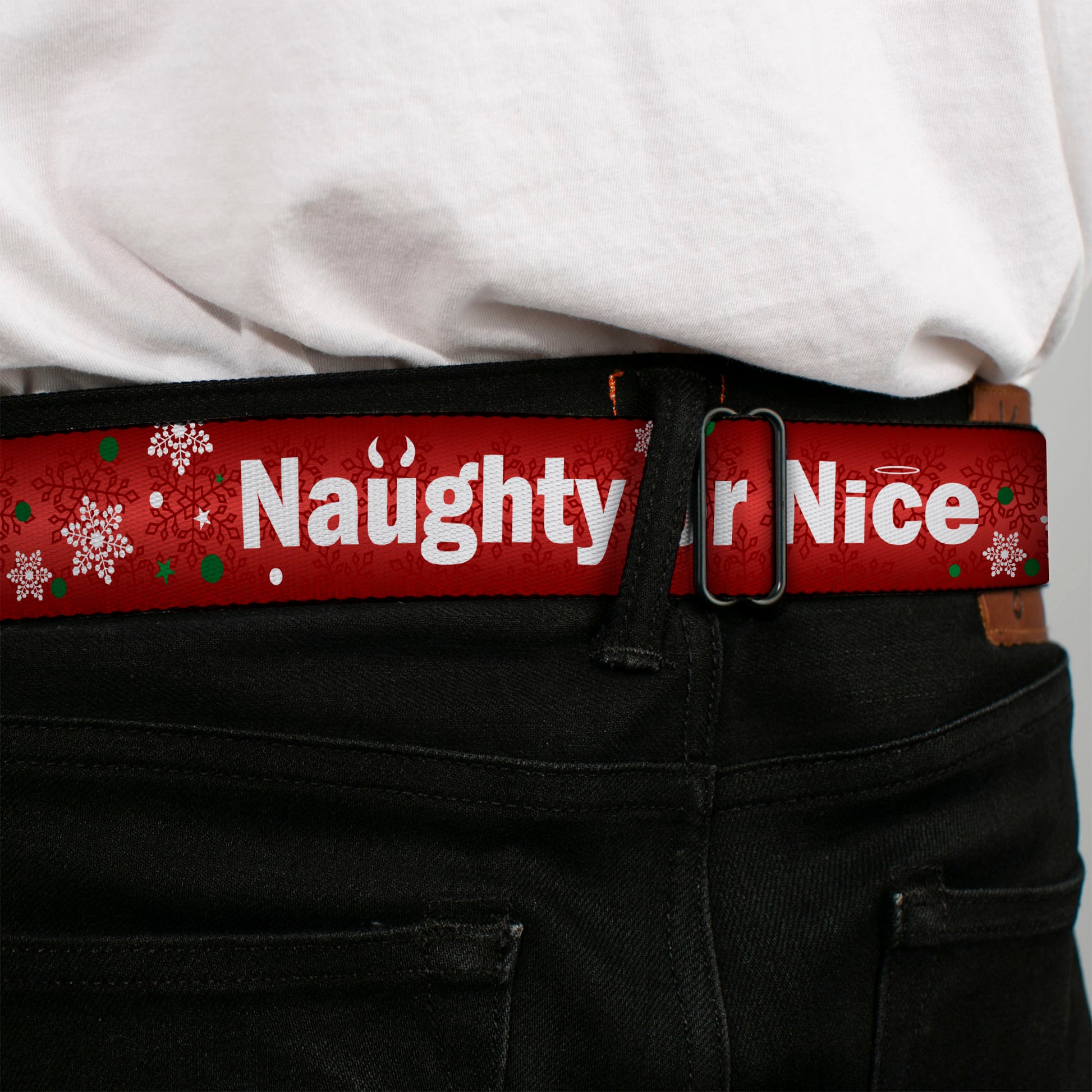 BD Wings Logo CLOSE-UP Full Color Black Silver Seatbelt Belt - Christmas NAUGHTY OR NICE/Snowflakes Reds/White/Green Webbing Seatbelt Belts Buckle-Down