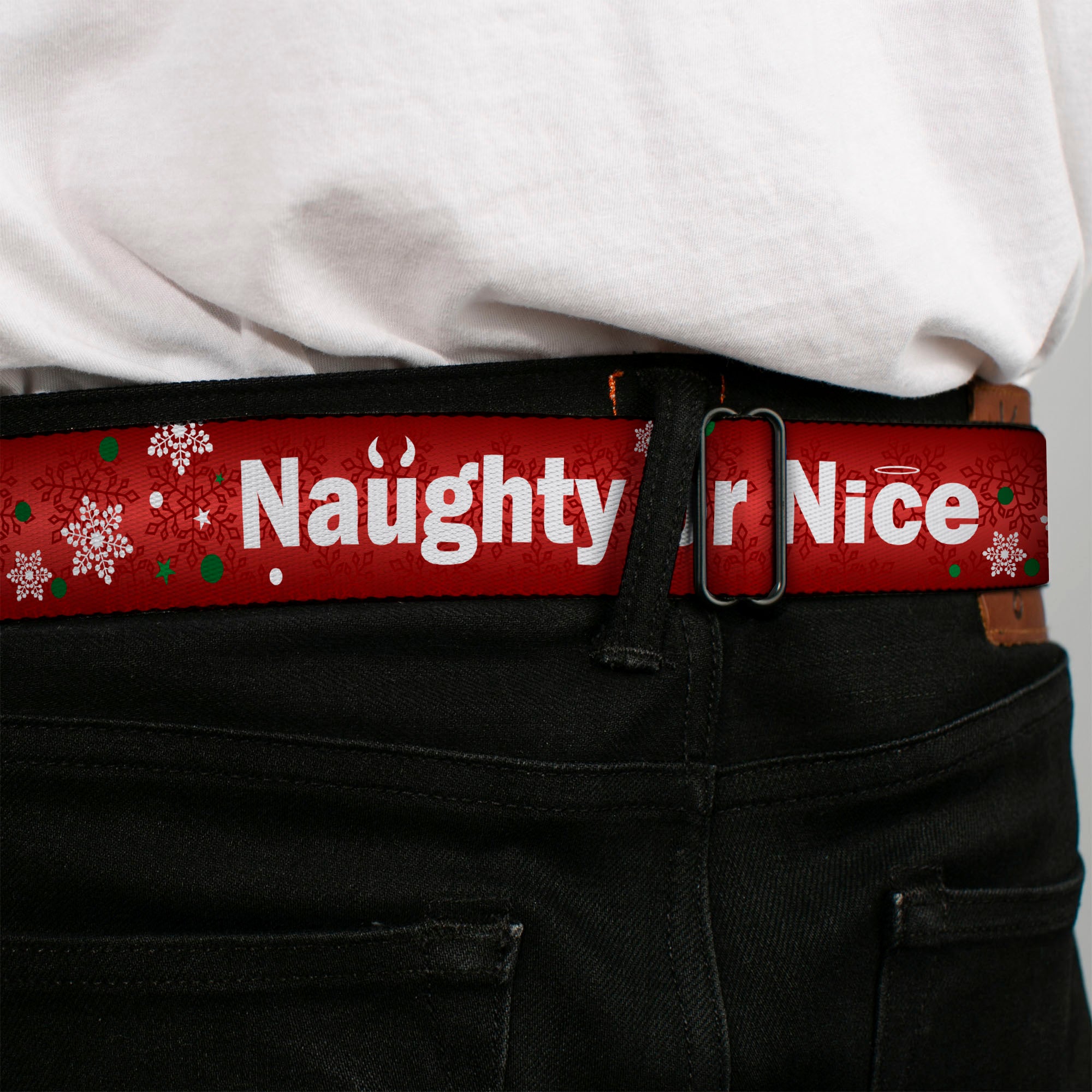BD Wings Logo CLOSE-UP Full Color Black Silver Seatbelt Belt - Christmas NAUGHTY OR NICE/Snowflakes Reds/White/Green Webbing Seatbelt Belts Buckle-Down