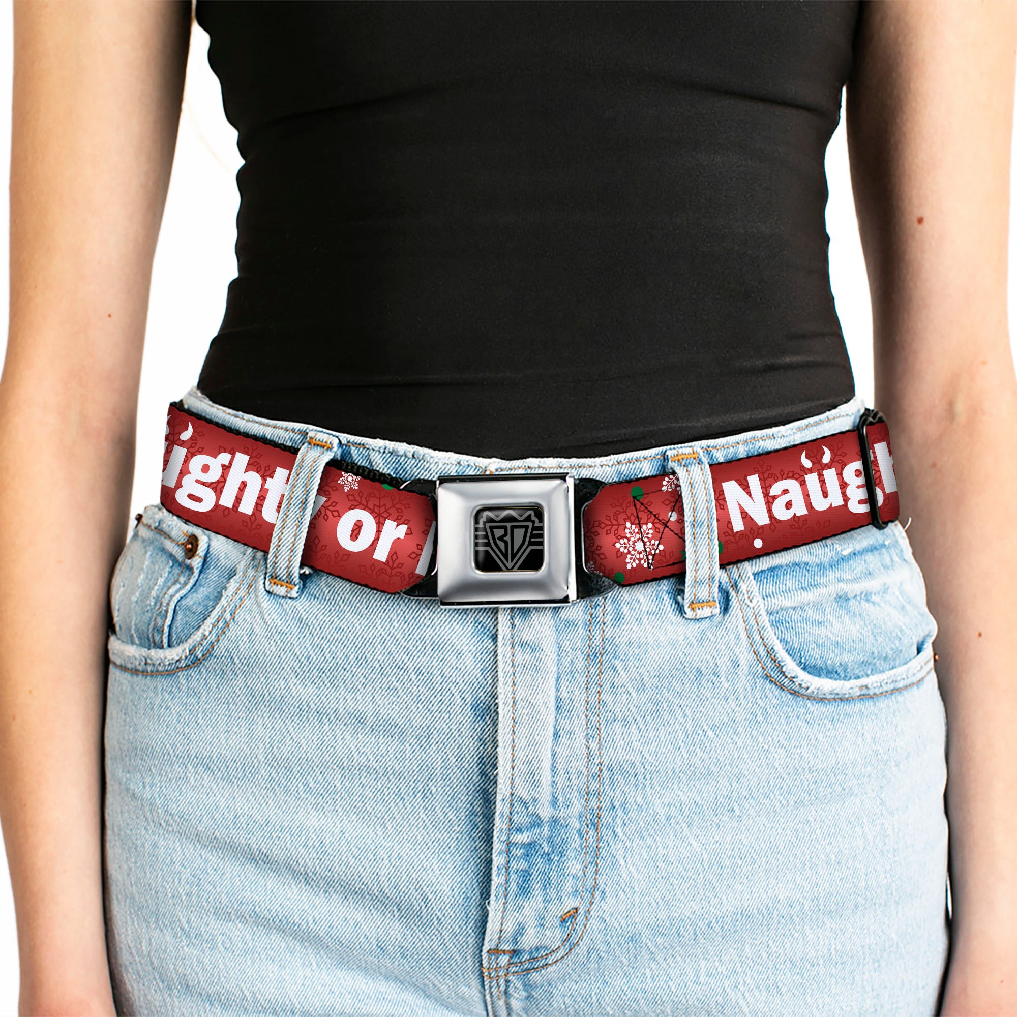 BD Wings Logo CLOSE-UP Full Color Black Silver Seatbelt Belt - Christmas NAUGHTY OR NICE/Snowflakes Reds/White/Green Webbing Seatbelt Belts Buckle-Down