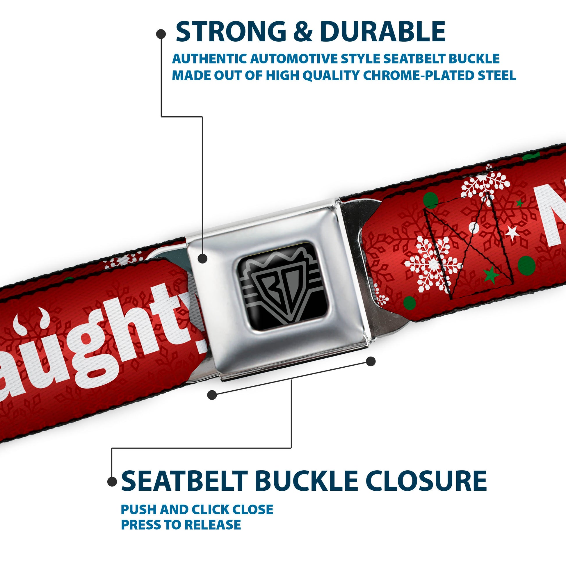 BD Wings Logo CLOSE-UP Full Color Black Silver Seatbelt Belt - Christmas NAUGHTY OR NICE/Snowflakes Reds/White/Green Webbing Seatbelt Belts Buckle-Down