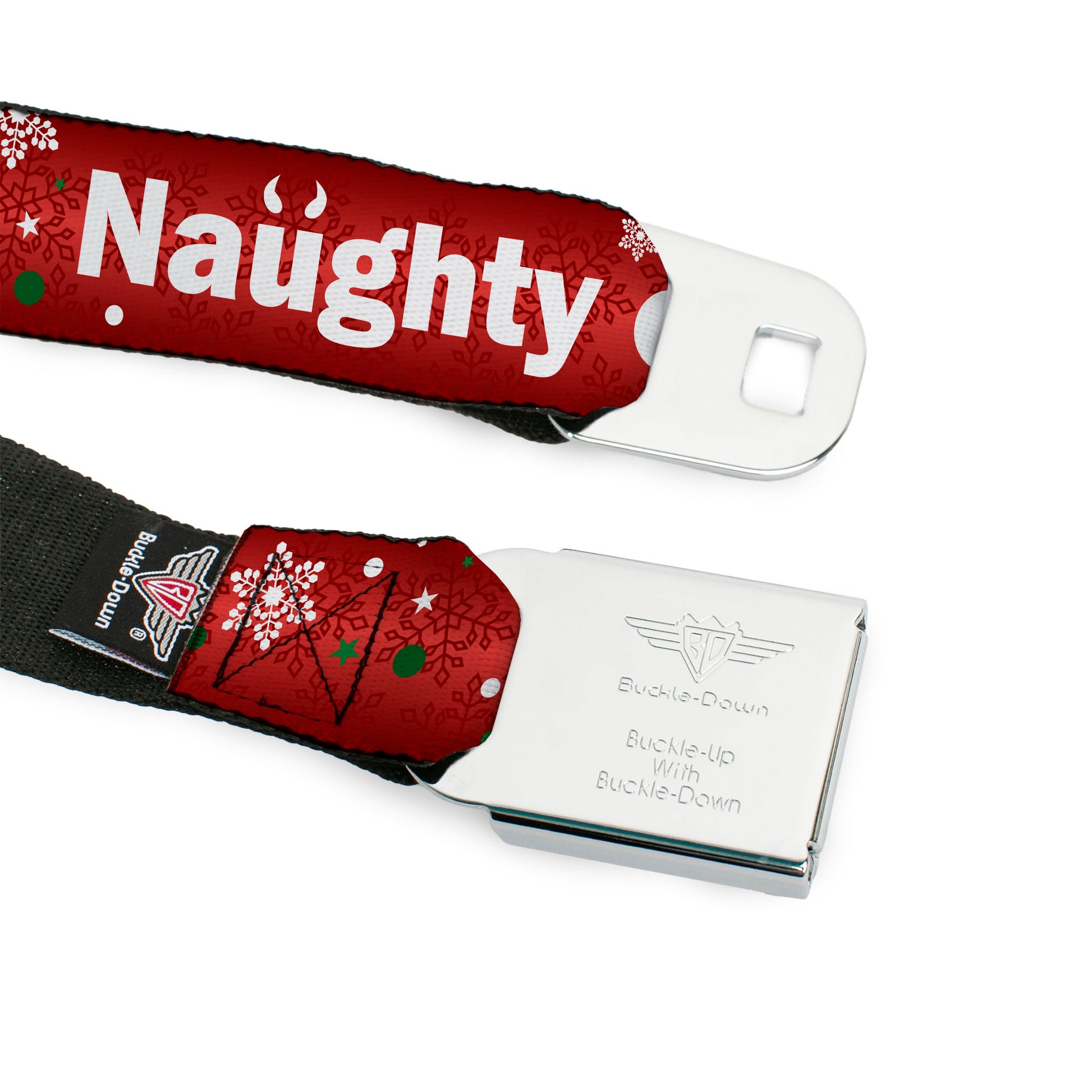 BD Wings Logo CLOSE-UP Full Color Black Silver Seatbelt Belt - Christmas NAUGHTY OR NICE/Snowflakes Reds/White/Green Webbing Seatbelt Belts Buckle-Down