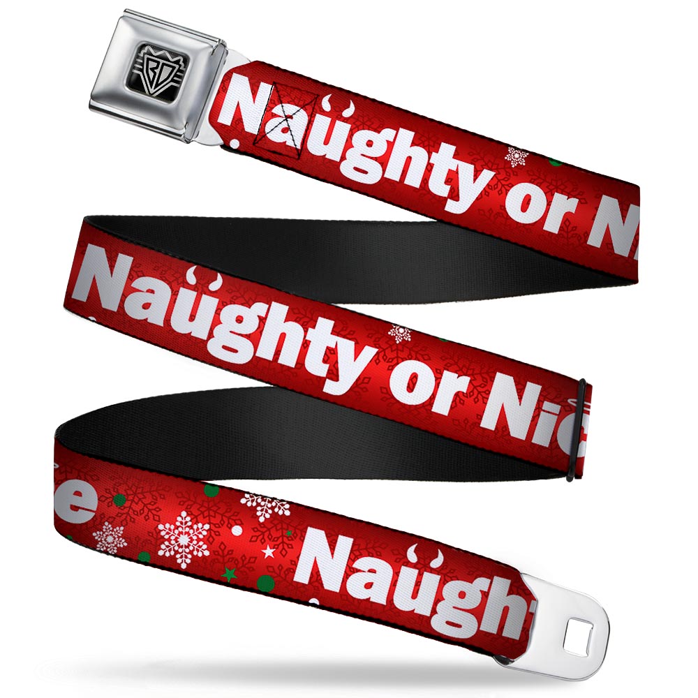 BD Wings Logo CLOSE-UP Full Color Black Silver Seatbelt Belt - Christmas NAUGHTY OR NICE/Snowflakes Reds/White/Green Webbing Seatbelt Belts Buckle-Down
