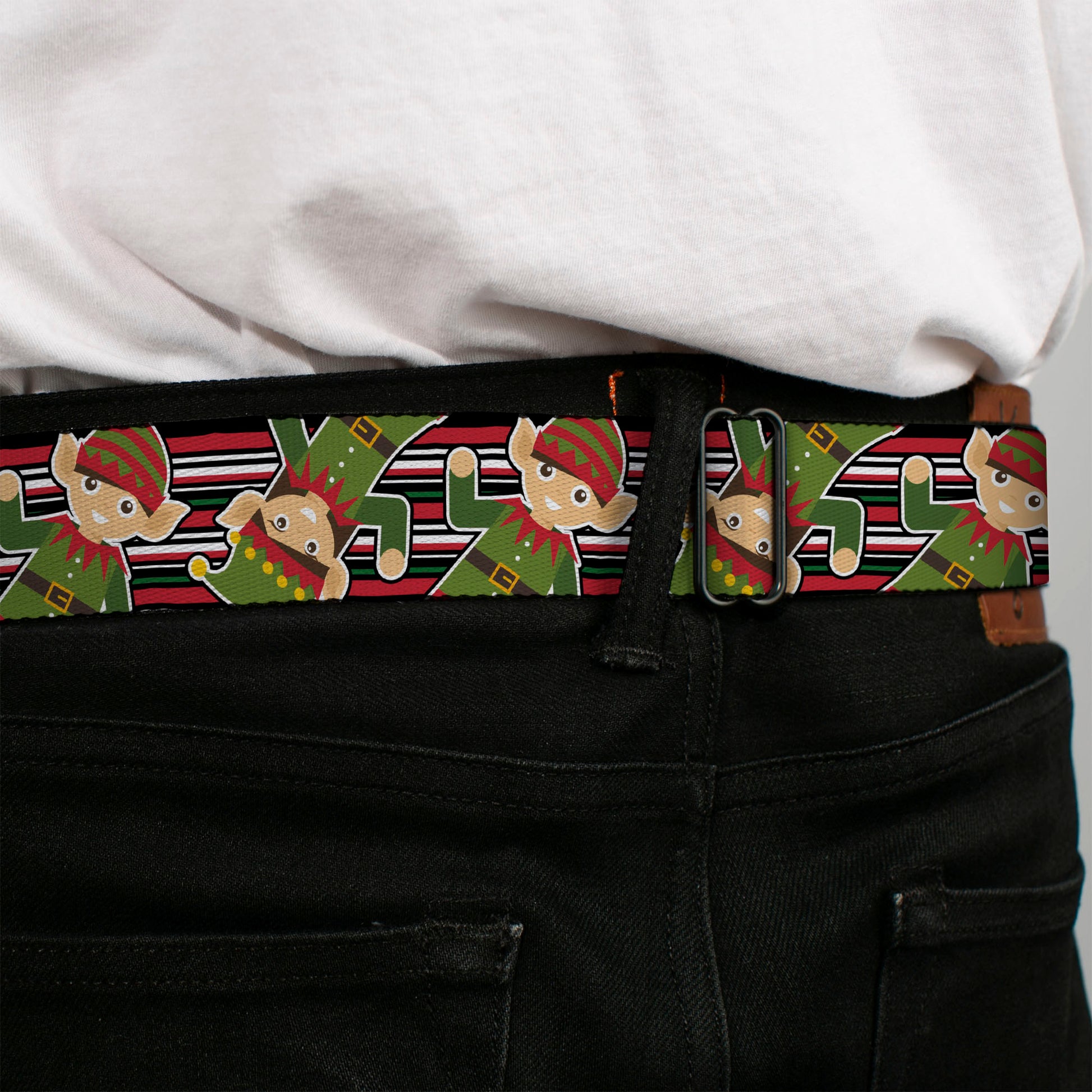 BD Wings Logo CLOSE-UP Full Color Black Silver Seatbelt Belt - Christmas Elves/Stripes Black/Red/White/Green Webbing Seatbelt Belts Buckle-Down