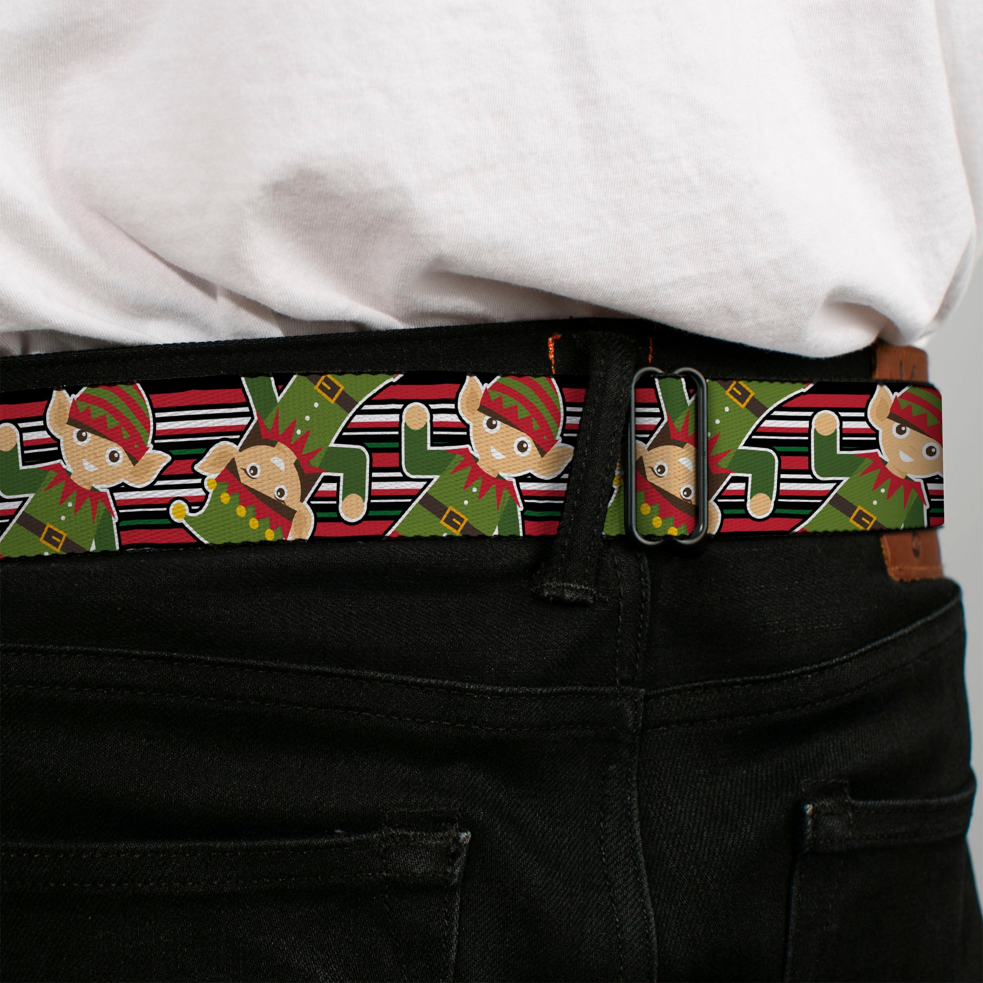 BD Wings Logo CLOSE-UP Full Color Black Silver Seatbelt Belt - Christmas Elves/Stripes Black/Red/White/Green Webbing Seatbelt Belts Buckle-Down