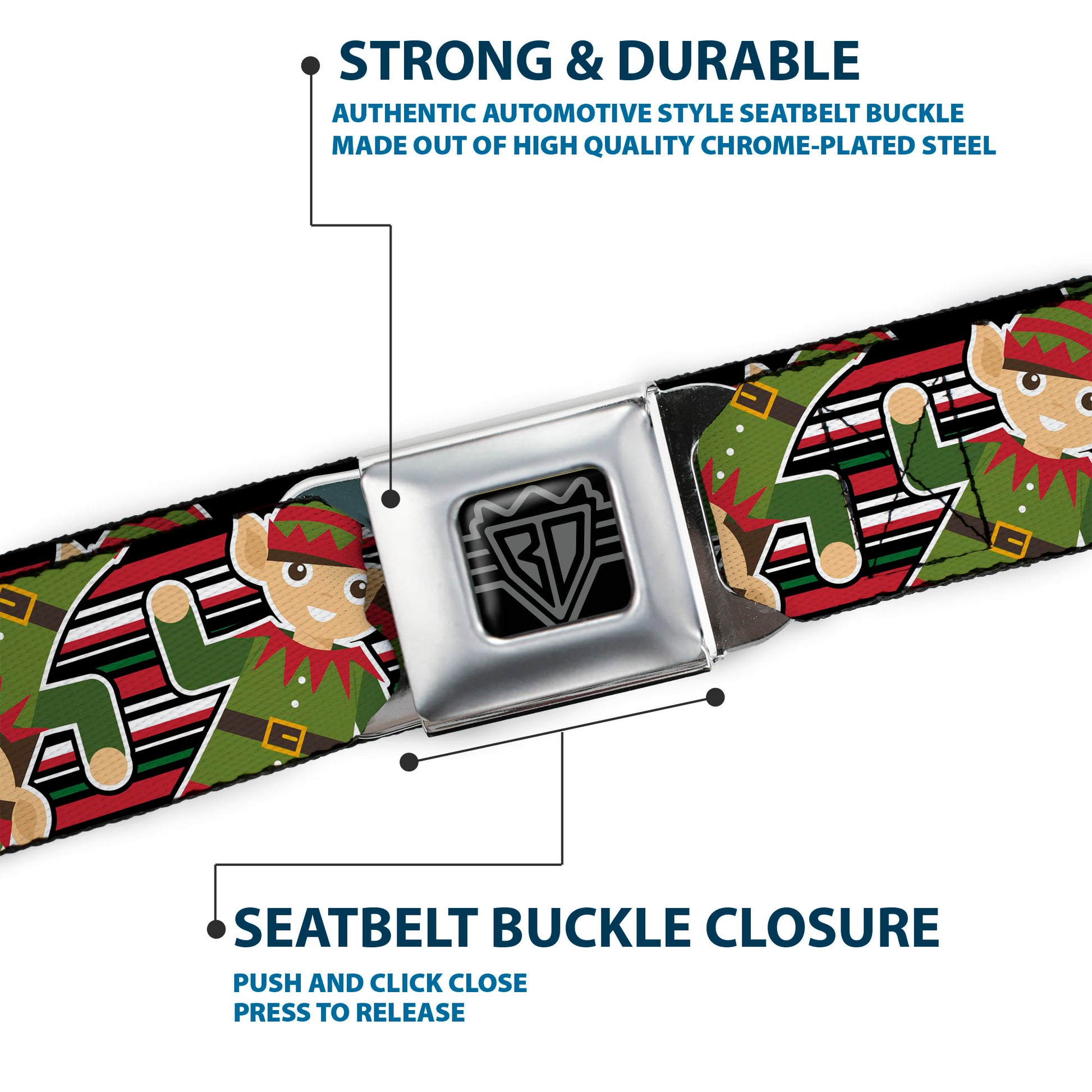 BD Wings Logo CLOSE-UP Full Color Black Silver Seatbelt Belt - Christmas Elves/Stripes Black/Red/White/Green Webbing Seatbelt Belts Buckle-Down