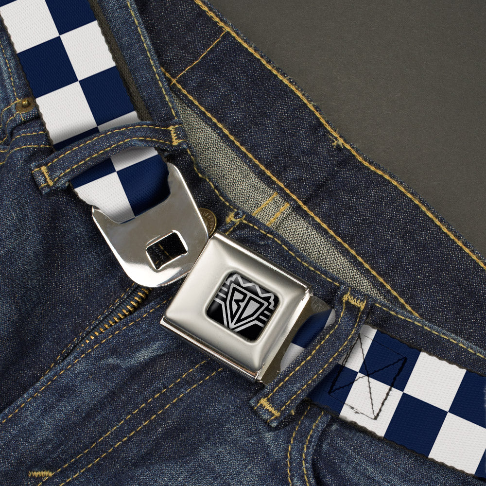 BD Wings Logo CLOSE-UP Full Color Black Silver Seatbelt Belt - Checker Midnight Blue/White Webbing Seatbelt Belts Buckle-Down