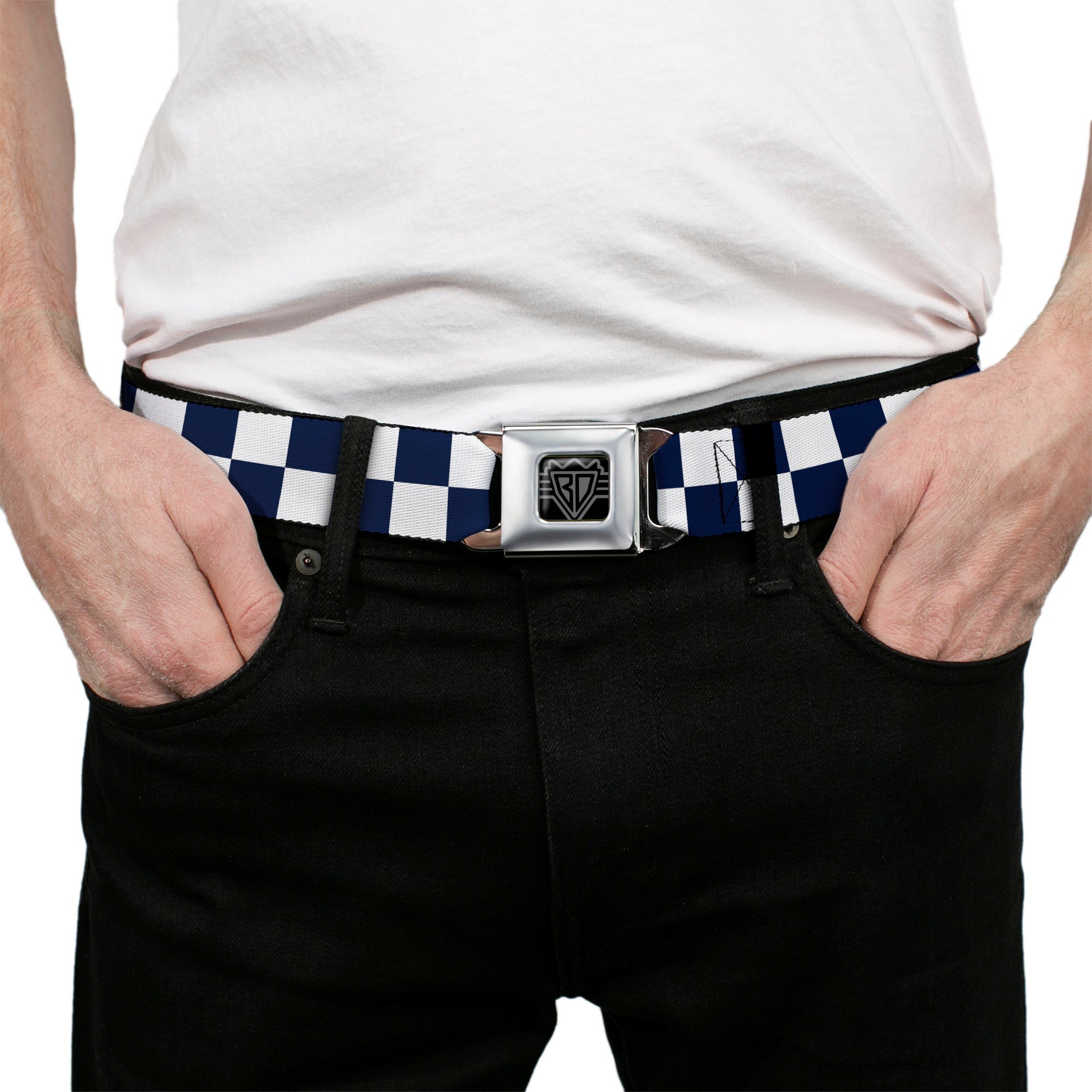 BD Wings Logo CLOSE-UP Full Color Black Silver Seatbelt Belt - Checker Midnight Blue/White Webbing Seatbelt Belts Buckle-Down