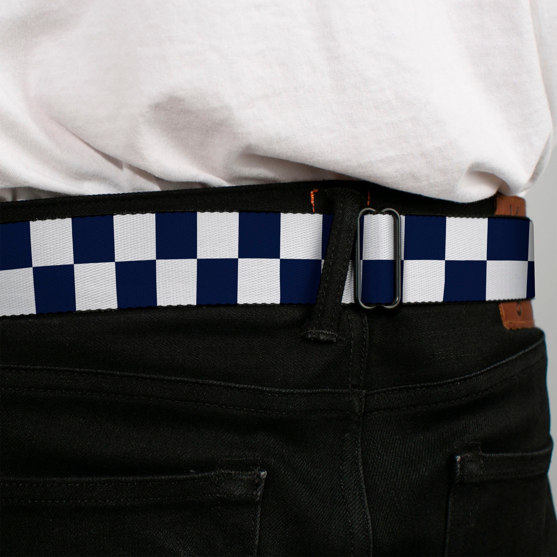 BD Wings Logo CLOSE-UP Full Color Black Silver Seatbelt Belt - Checker Midnight Blue/White Webbing Seatbelt Belts Buckle-Down