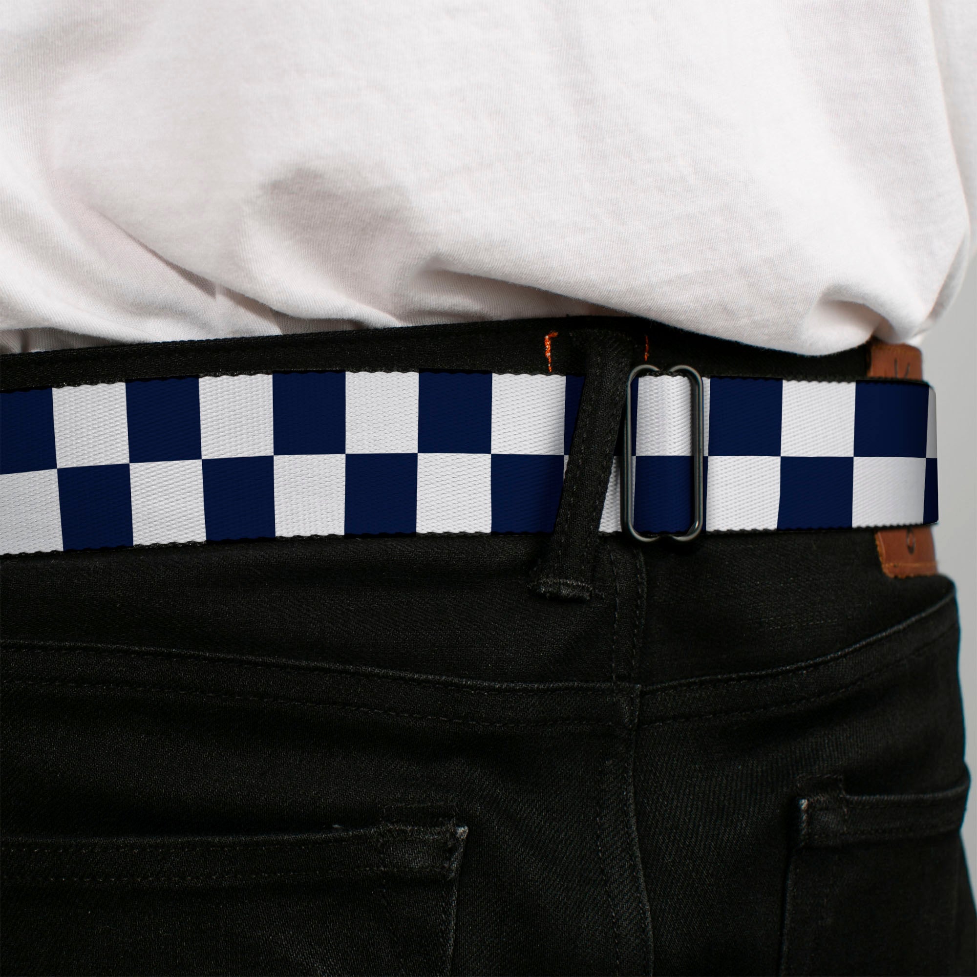 BD Wings Logo CLOSE-UP Full Color Black Silver Seatbelt Belt - Checker Midnight Blue/White Webbing Seatbelt Belts Buckle-Down