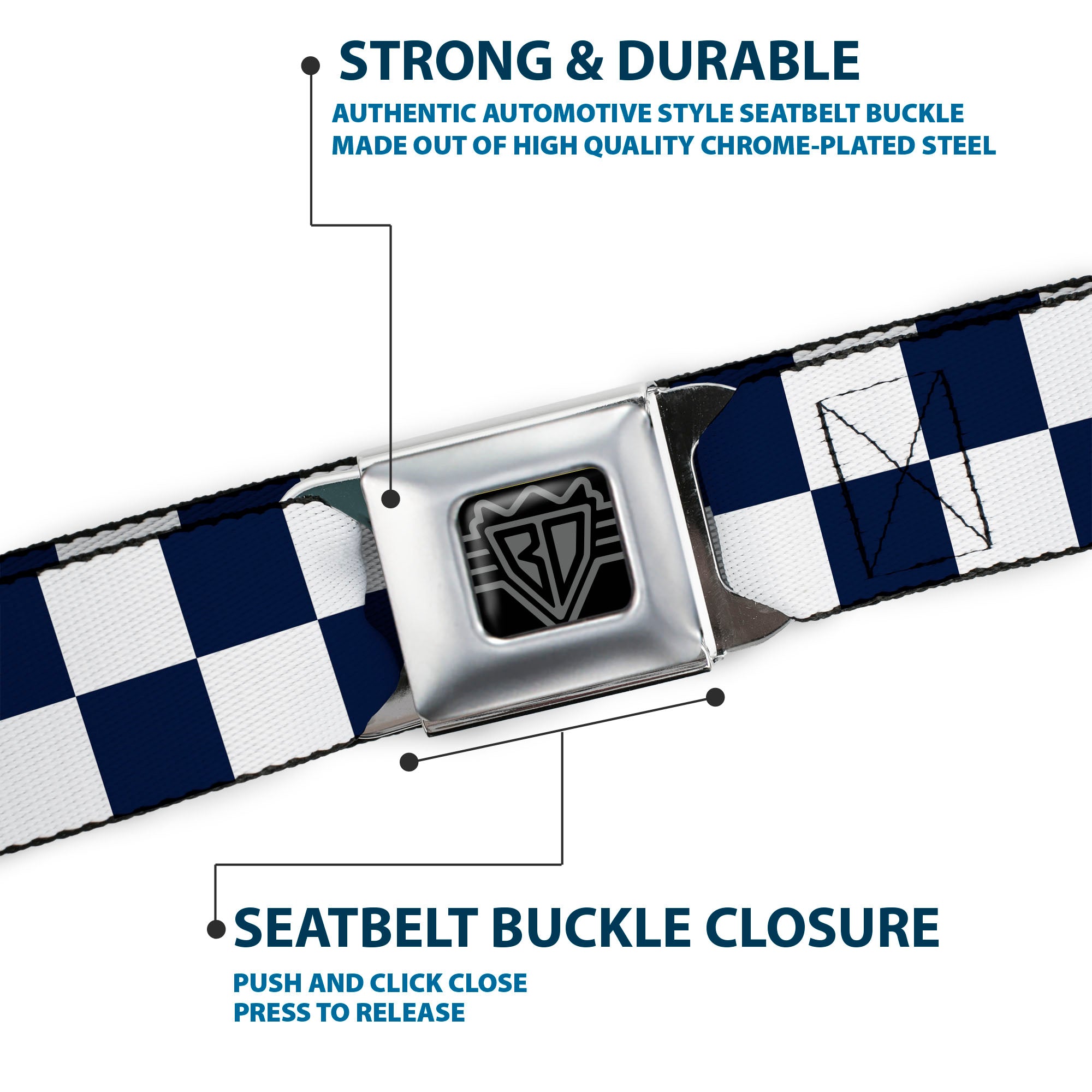 BD Wings Logo CLOSE-UP Full Color Black Silver Seatbelt Belt - Checker Midnight Blue/White Webbing Seatbelt Belts Buckle-Down